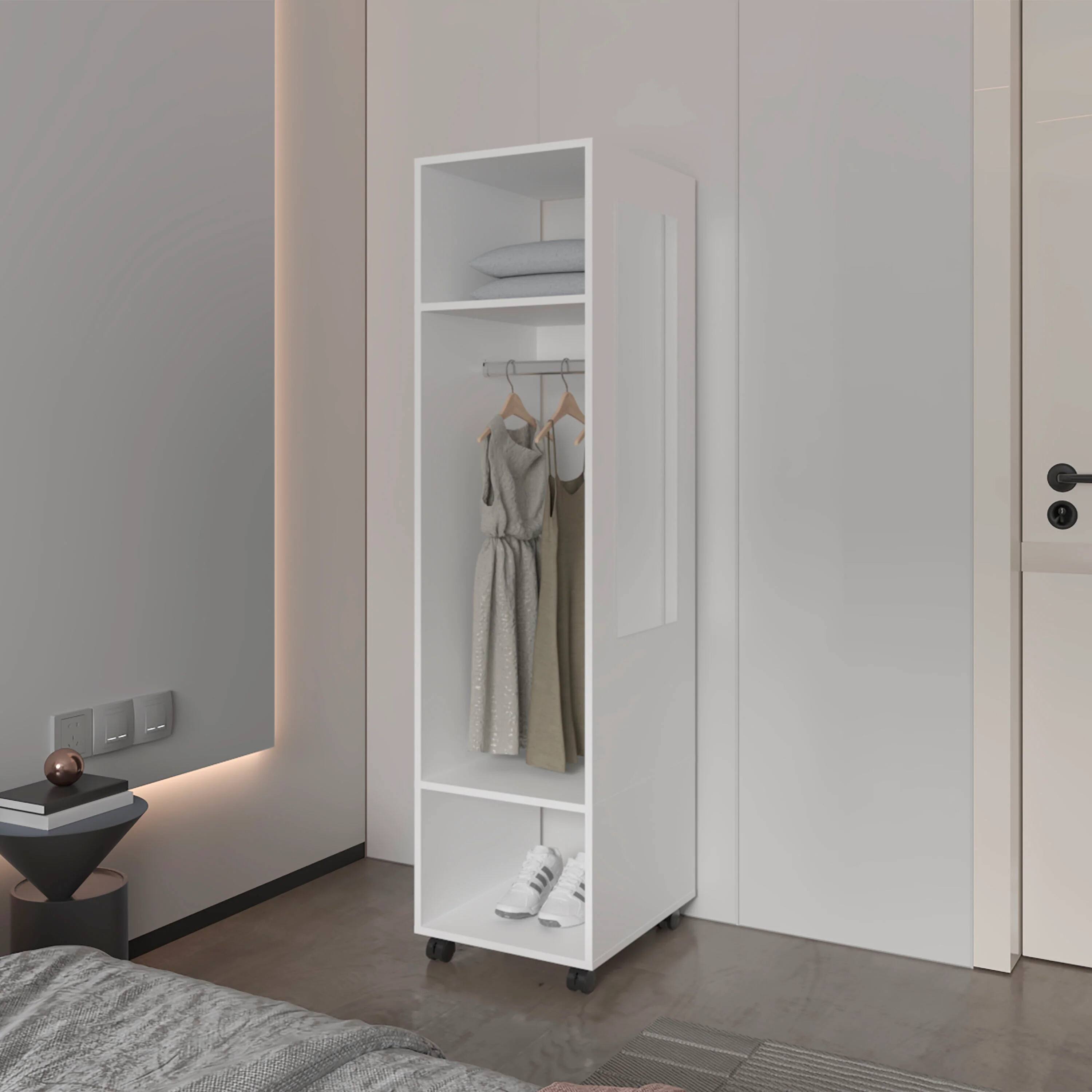 Front. TinyHomie - White 3 Shelf Wardrobe Mirror Open Storage - White.
