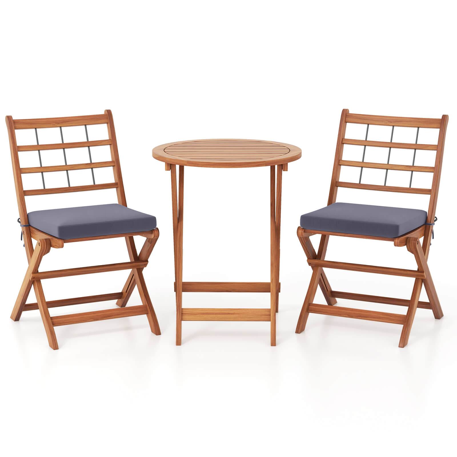 Alt View 9. Costway - 3 PCS Acacia Wood Patio Bistro Set Folding Table and Chairs Set with Cushions - Gray,Natural.