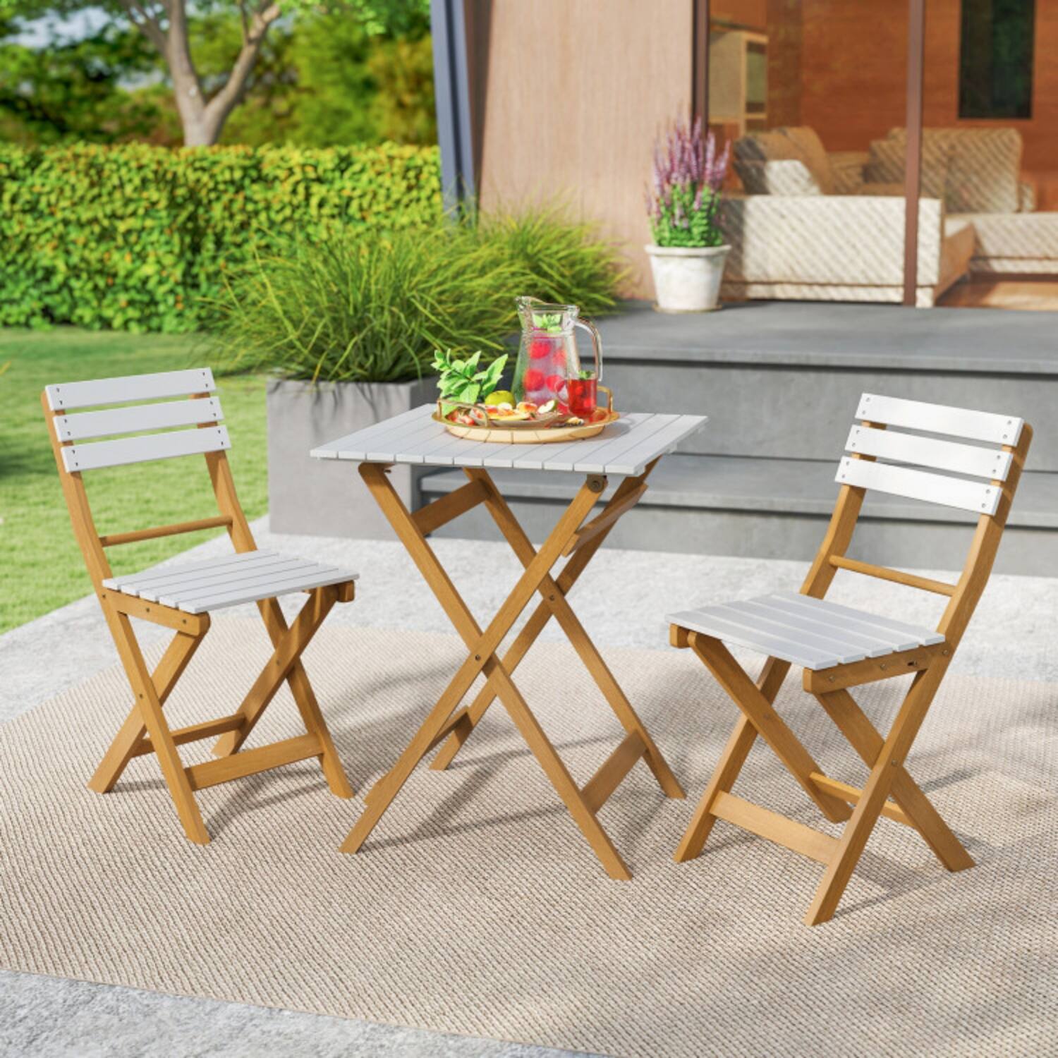 Angle. Mondawe - Folding Acacia Wood Patio Bistro Set with 2 Chairs and Table 3-Piece - Natural + White.