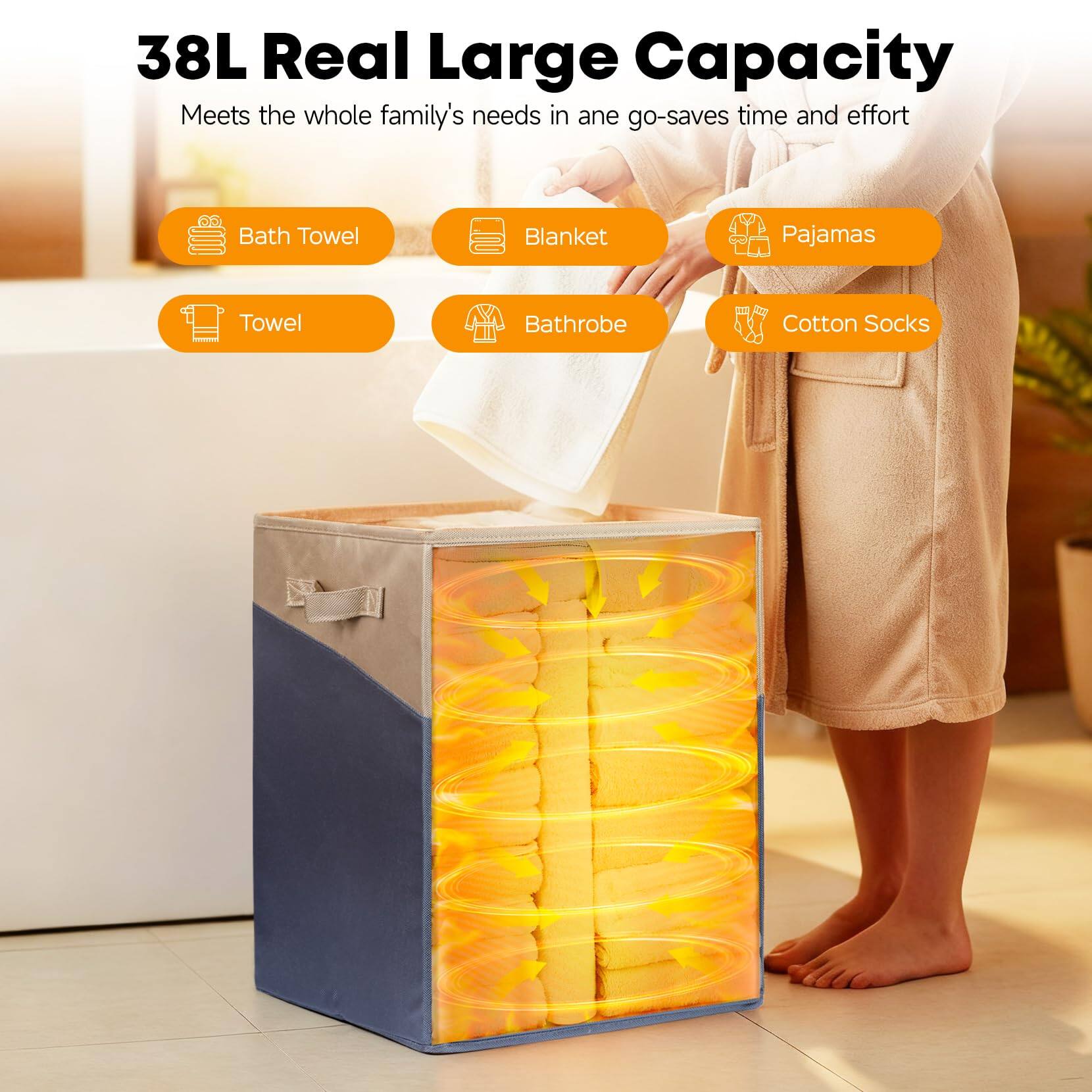 38L Real Large Capacity  
Meets the whole family's needs in one go-saves time and effort  

- Bath Towel  
- Blanket  
- Pajamas  
- Towel  
- Bathrobe  
- Cotton Socks