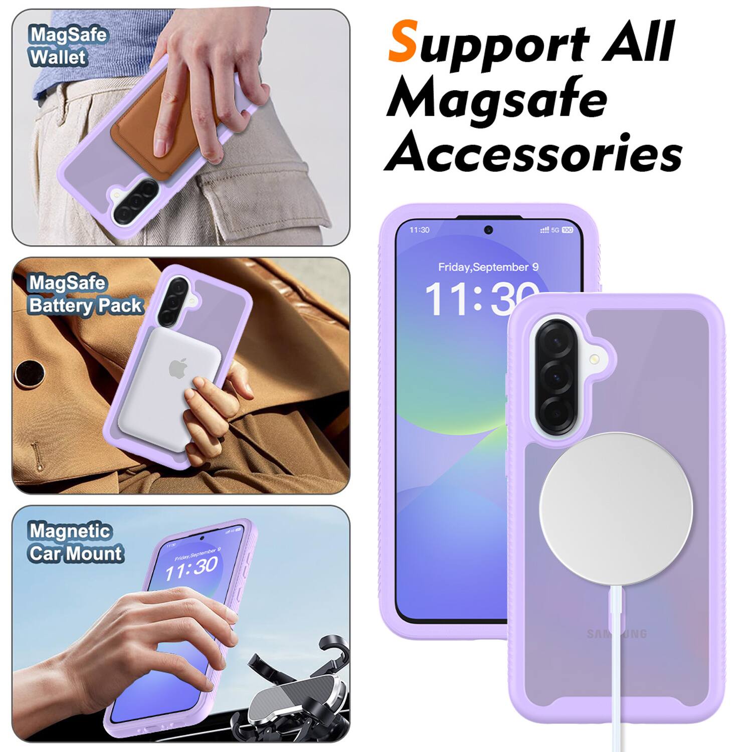 MagSafe Wallet  
Support All MagSafe Accessories  
11:30  
Friday, September 9  
MagSafe Battery Pack  
Magnetic Car Mount  
11:30  
SAM SONG