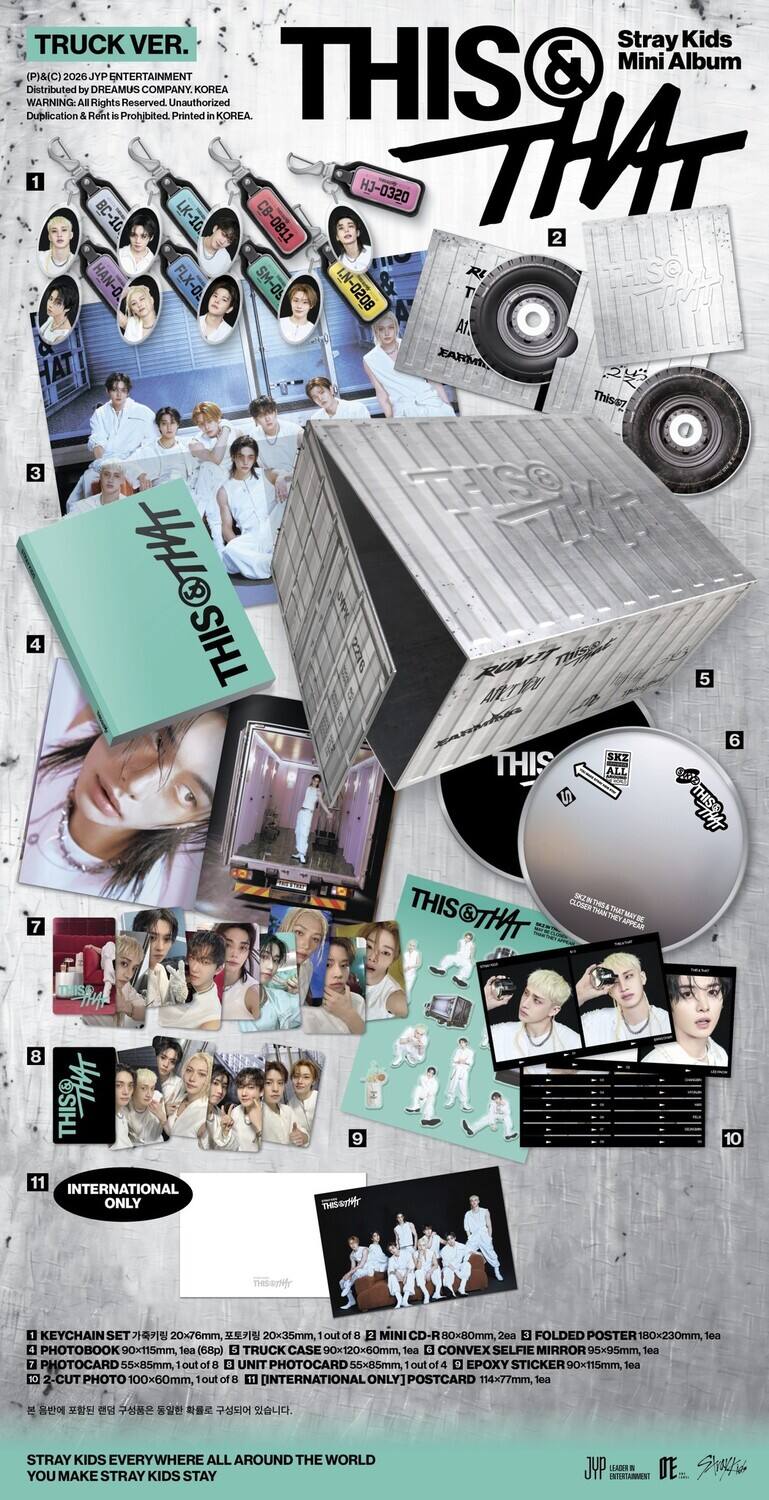 TRUCK VER.  
Stray Kids & Mini Album  
WARNING: Dublication Distributed (P)&(C) 2026 All by & Rent JYP DREAMUS Rights ENTERTAINMENT is Prohibited Reserved COMPANY. Unauthorized Printed KOREA in KOREA.  

THIS & THAT  
1 BC-10 LK-10 CB-0811 HJ-0320  
2 HAN-O R THISO FLX-O SM-05 L.N-0208  
3 THISO ZIS  
4 HAOSIHI  
5 227g RUNIT ATW T  
6 Kares  
7 SKZ  
8 THIS  
9 SC  
10 THISOTHAT  
11 CLOSMER THE THAN a THEY THATAH o  
12 APPEAR  
13 THISPNAT  
14 THISO  
15 INTERNATIONAL ONLY  

1 KEYCHAIN SET 20x76mm, 1 out of a MINI CD-R 0x80mm, 2ea  
2 FOLDED POSTER 180x230mm, sea  
3 PHOTOBOOK 90x115mm, 1ea (