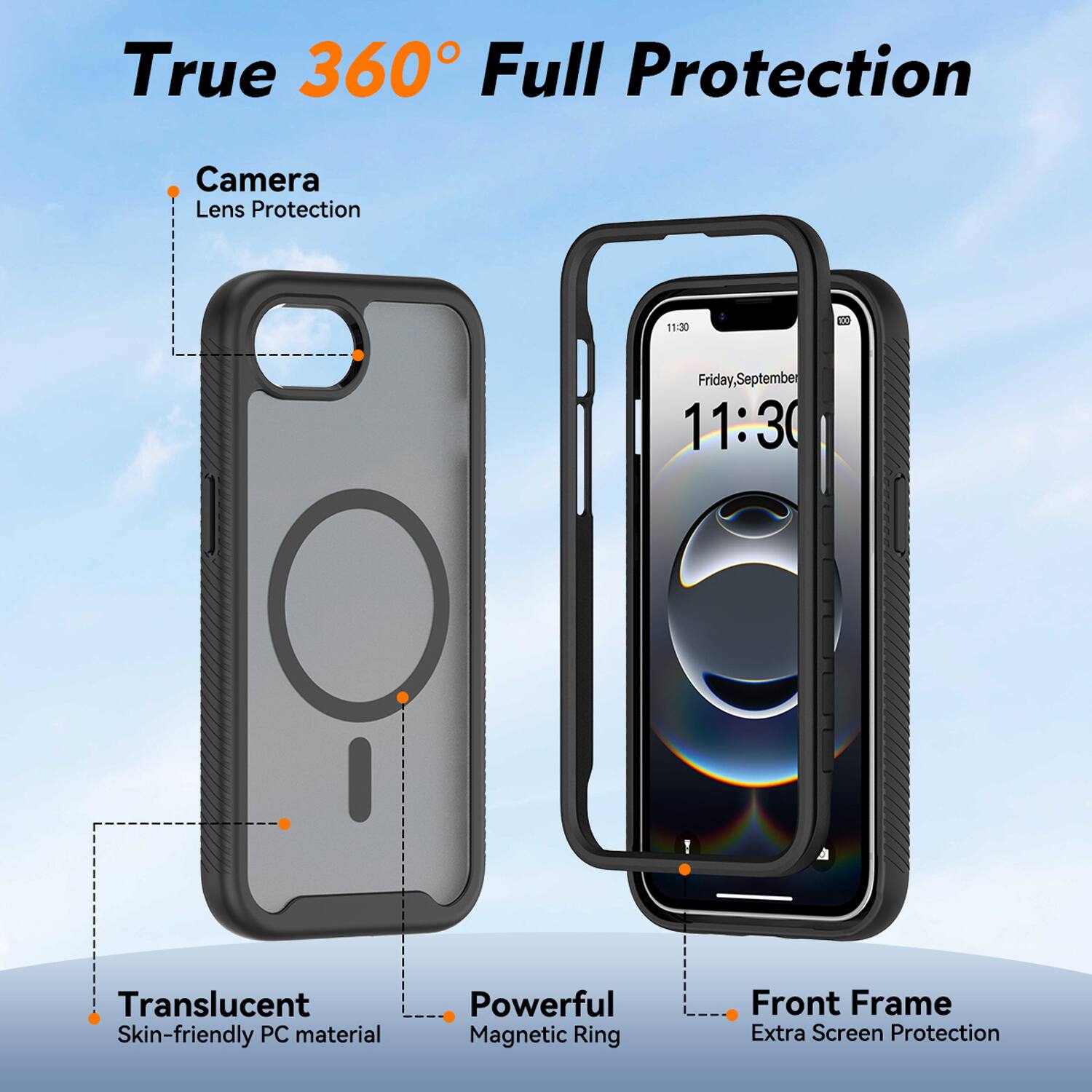 True 360° Full Protection

- Camera Lens Protection
- Translucent Skin-friendly PC material
- Powerful Magnetic Ring
- Front Frame Extra Screen Protection