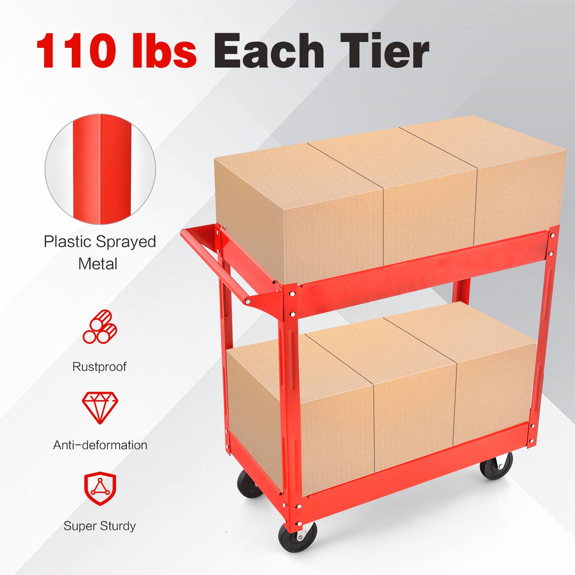 110 lbs Each Tier

- Plastic Sprayed Metal
- Rustproof
- Anti-deformation
- Super Sturdy