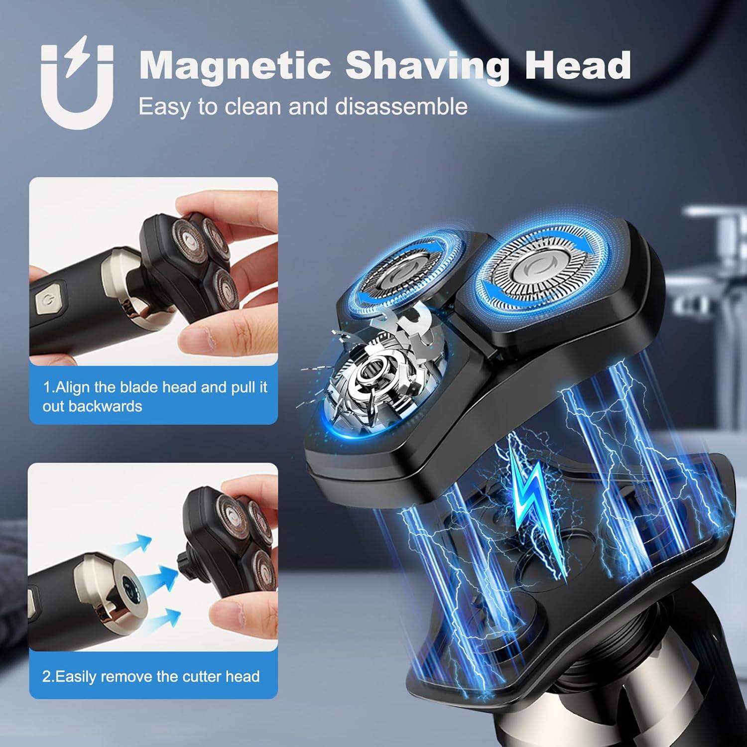 Magnetic Shaving Head  
Easy to clean and disassemble  

1. Align the blade head and pull it out backwards  
2. Easily remove the cutter head