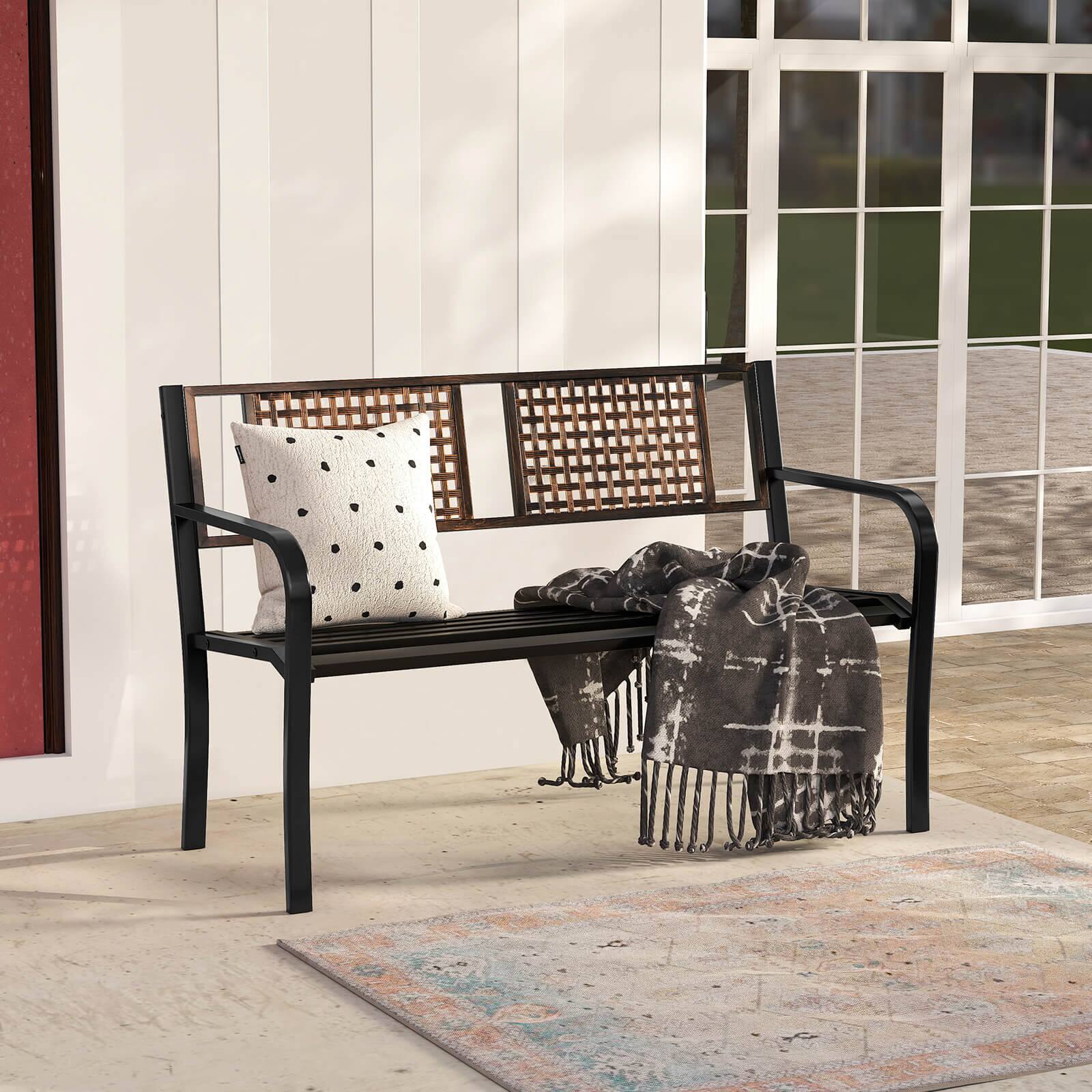 Alt View 4. Costway - Costway 50" Outdoor Metal Park Bench with Rattan-Like Backrest & Curved Armrests - Black.