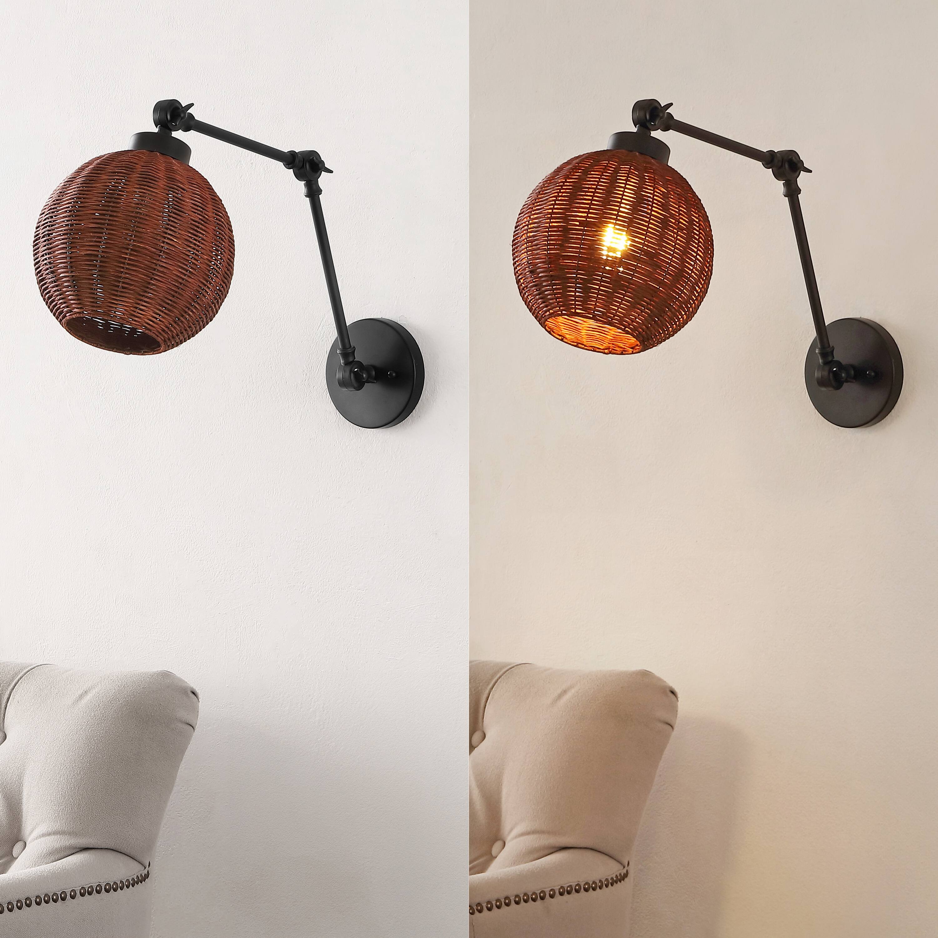 Alt View 4. Jonathan Y - Lyla 22" 1-Light Mid-Century Vintage Rattan Globe Swing Arm LED Sconce, Dark Brown/Black - Black/Dark brown.