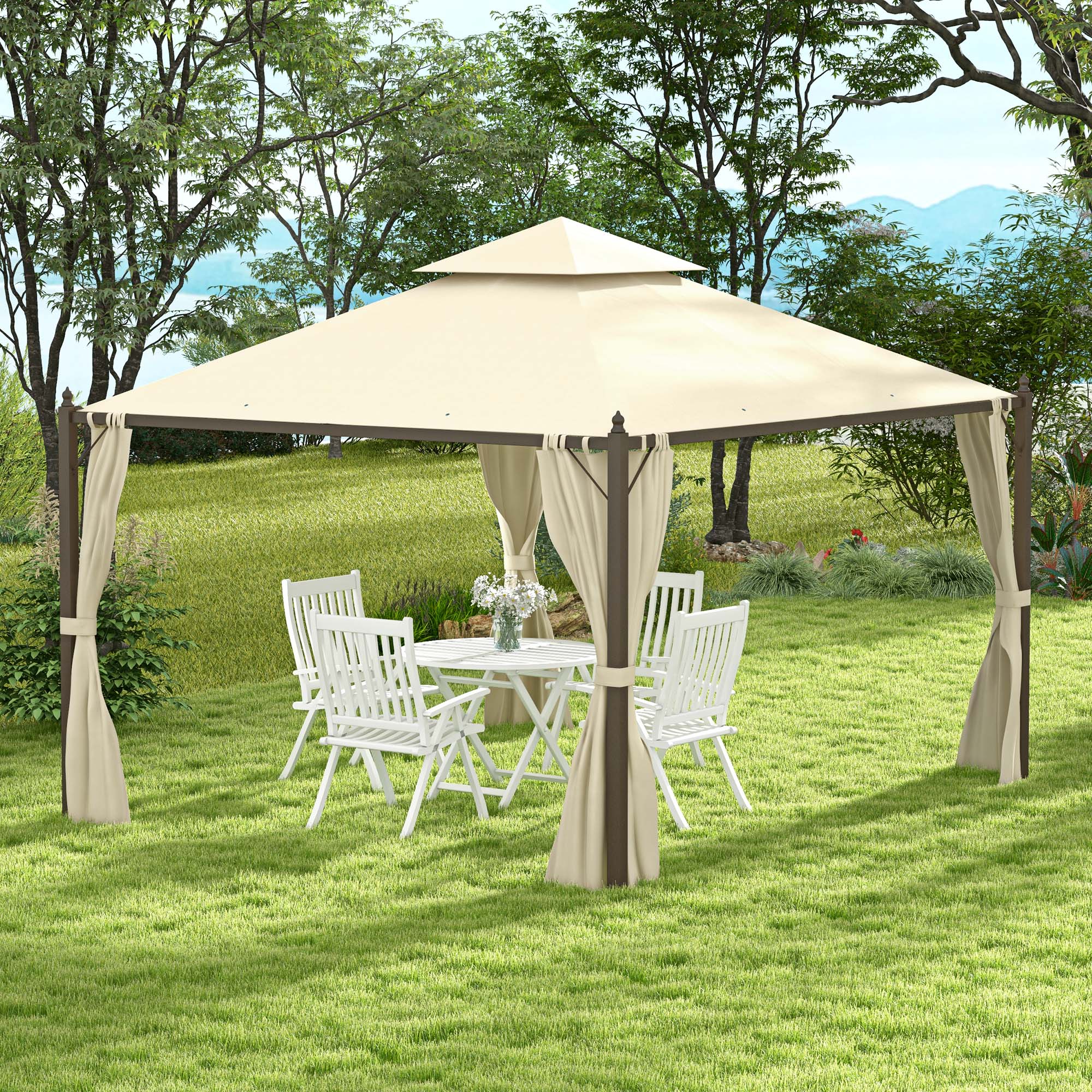 Alt View 1. Outsunny - 10' x 12' Steel Outdoor Patio Gazebo with Polyester Privacy Curtains, Two-Tier Roof for Air, Large Design - Beige.