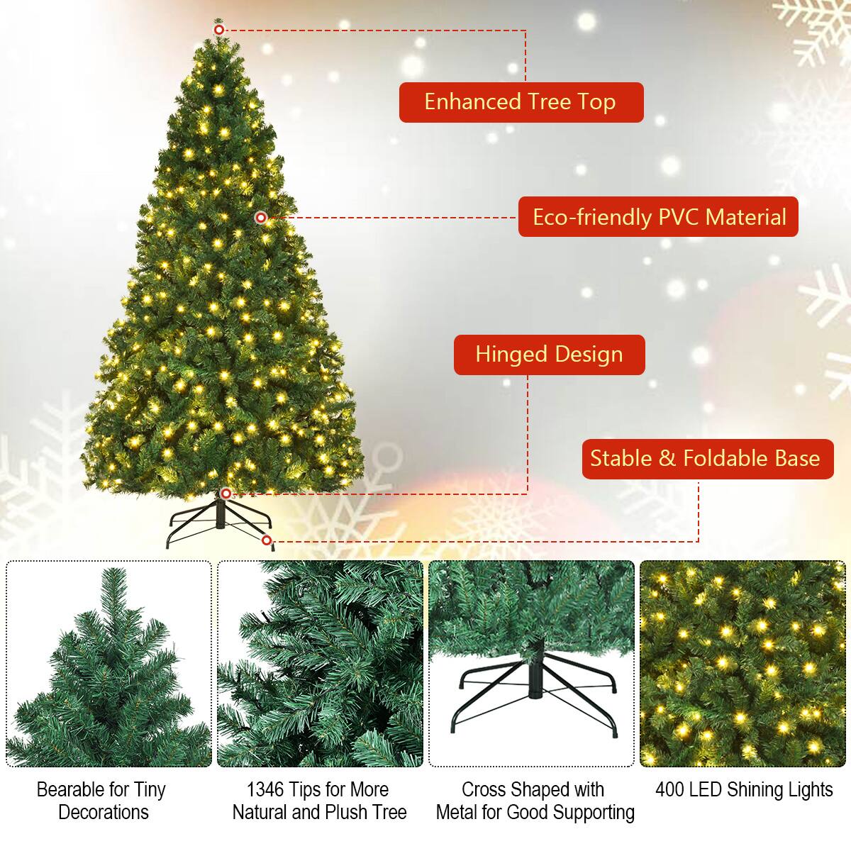 The text on the image can be grouped and corrected as follows:

1. Enhanced Tree Top: This refers to the top part of the Christmas tree, which is decorated with lights and ornaments.
2. Eco-friendly PVC Material: This refers to the material used for the tree trunk, which is made from a non-toxic, environmentally friendly plastic called polyvinyl chloride (PVC).
3. Hinged Design: This refers to the design of the tree stand, which has a hinge that allows it to fold up for easy storage and transport.
4. Stable & Foldable Base: This refers to the base of the tree stand, which is designed to provide stability and support for the tree while also being able to fold up for easy storage and transport.
5. Bearable for Tiny Decorations: This refers to the size of the tree, which is small enough to be used as a decoration for tiny spaces or for those who prefer a more minimalist approach to their Christmas tree.
6. 1346 Tips for More: This likely refers to a collection of tips or ideas for decorating the tree, possibly including suggestions for adding more lights, ornaments, or other decorative elements.
7. Natural and Plush Tree: This refers to the overall appearance of the tree, which is described as natural and plush, likely due to the use of natural materials like PVC and the addition of soft, plush ornaments.
8. Cross Shaped with 400 LED Shining Lights: This refers to the shape of the tree, which is described as cross-shaped, and the use of LED lights to illuminate the tree. The number 400 likely refers to the total number of LED lights used to decorate the tree.
9. Metal for Good Supporting: This refers to the use of metal in the tree stand, which provides additional support and stability for the tree.