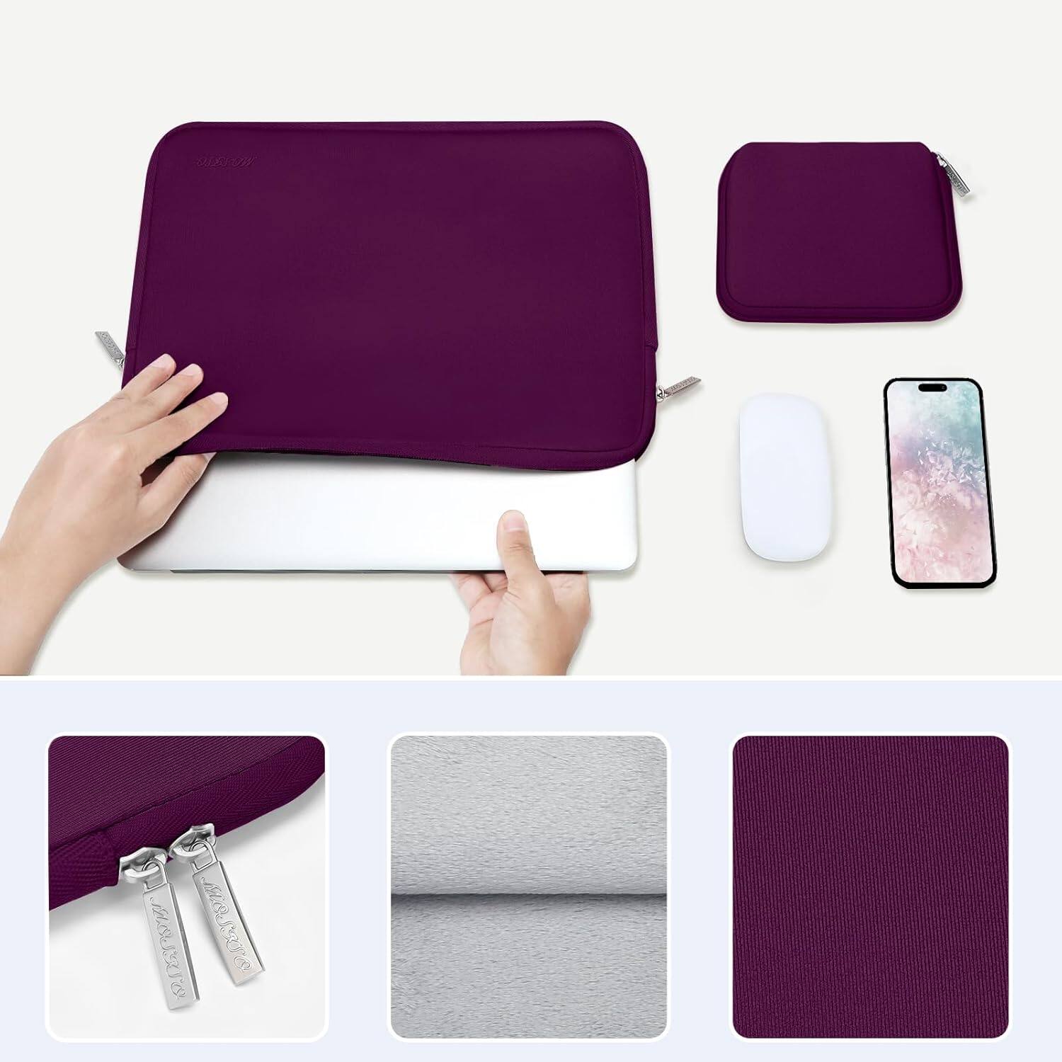Back. mosiso - 16 inch Laptop Sleeve with Neoprene Padding and Small Accessory Pouch - fits 15–16 inch Notebooks - Magenta Purple.