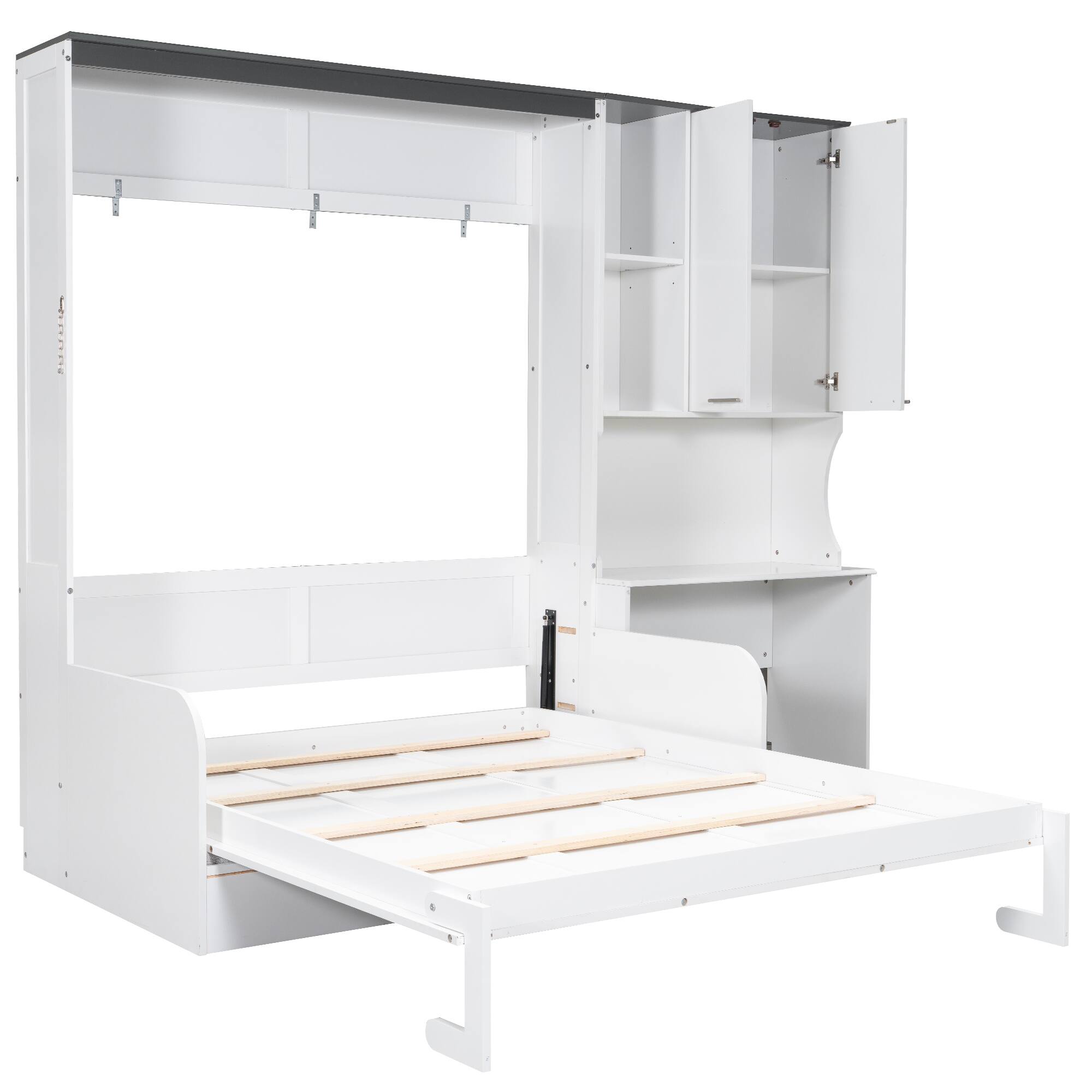 Left. Whisen - Queen Size Multi-Functional Murphy Bed with Sofa, Desk & Storage Cabinet,Space-Saving Foldable Design - White.