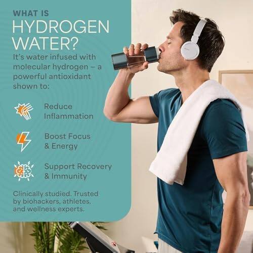 WHAT IS HYDROGEN WATER?

It's water infused with molecular hydrogen - a powerful antioxidant shown to:

- Reduce Inflammation
- Boost Focus & Energy
- Support Recovery & Immunity

Clinically studied. Trusted by biohackers, athletes, and wellness experts.