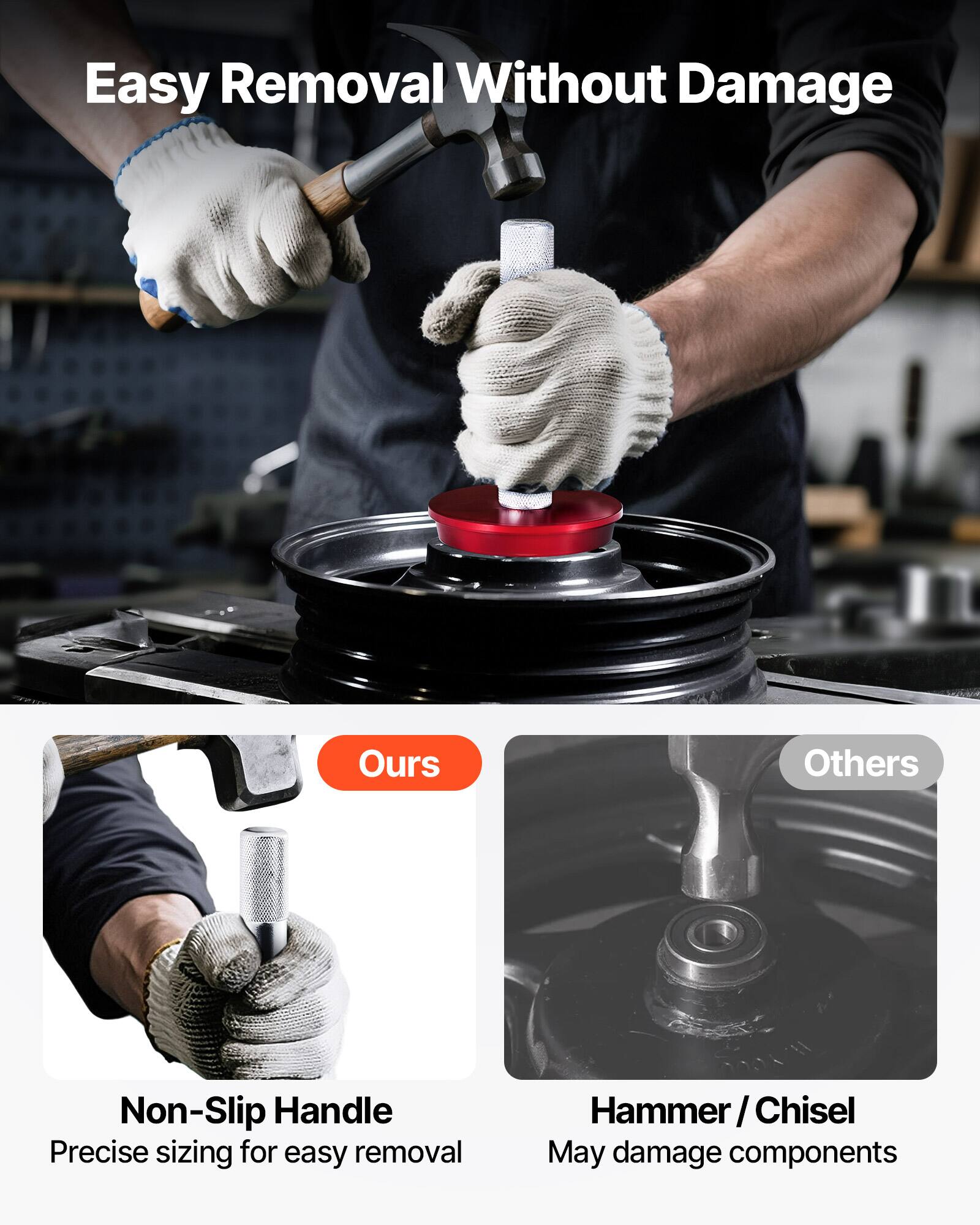 Easy Removal Without Damage

Ours
Non-Slip Handle
Precise sizing for easy removal

Others
Hammer / Chisel
May damage components