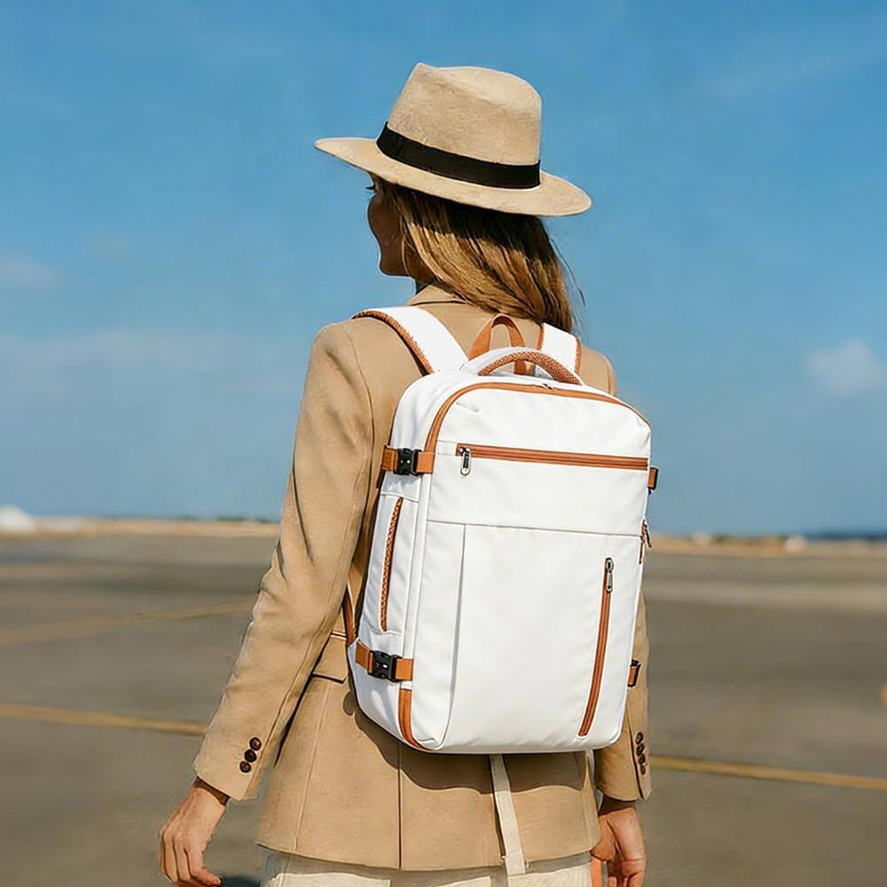 Alt View 5. Quick Deer - 36L Travel Backpack for Men Women, Flight Approved Carry On Laptop Backpack 18.5", Water-Resistant School Daypack - White & Brown.