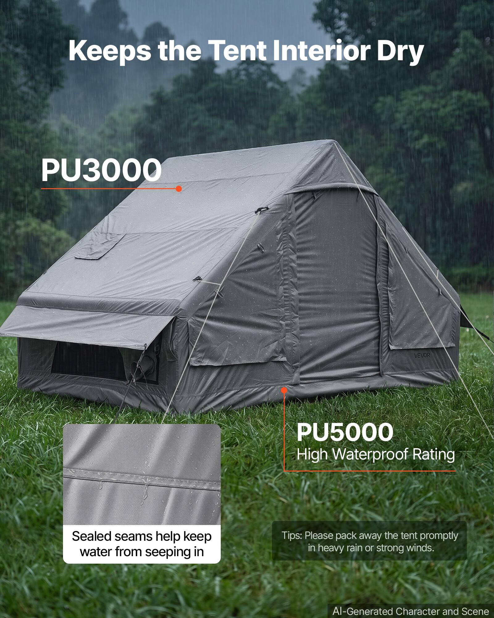 Keeps the Tent Interior Dry

PU3000

PU5000 High Waterproof Rating

Sealed seams help keep water from seeping in

Tips: Please pack away the tent promptly in heavy rain or strong winds.

AI-Generated Character and Scene