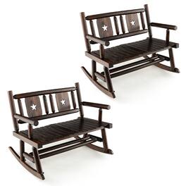 Gymax - 2PCS Carbonized Wood Rocking Bench Double Rocking Chair for 2 Persons w/ Wide Curved Seat - Rustic Brown