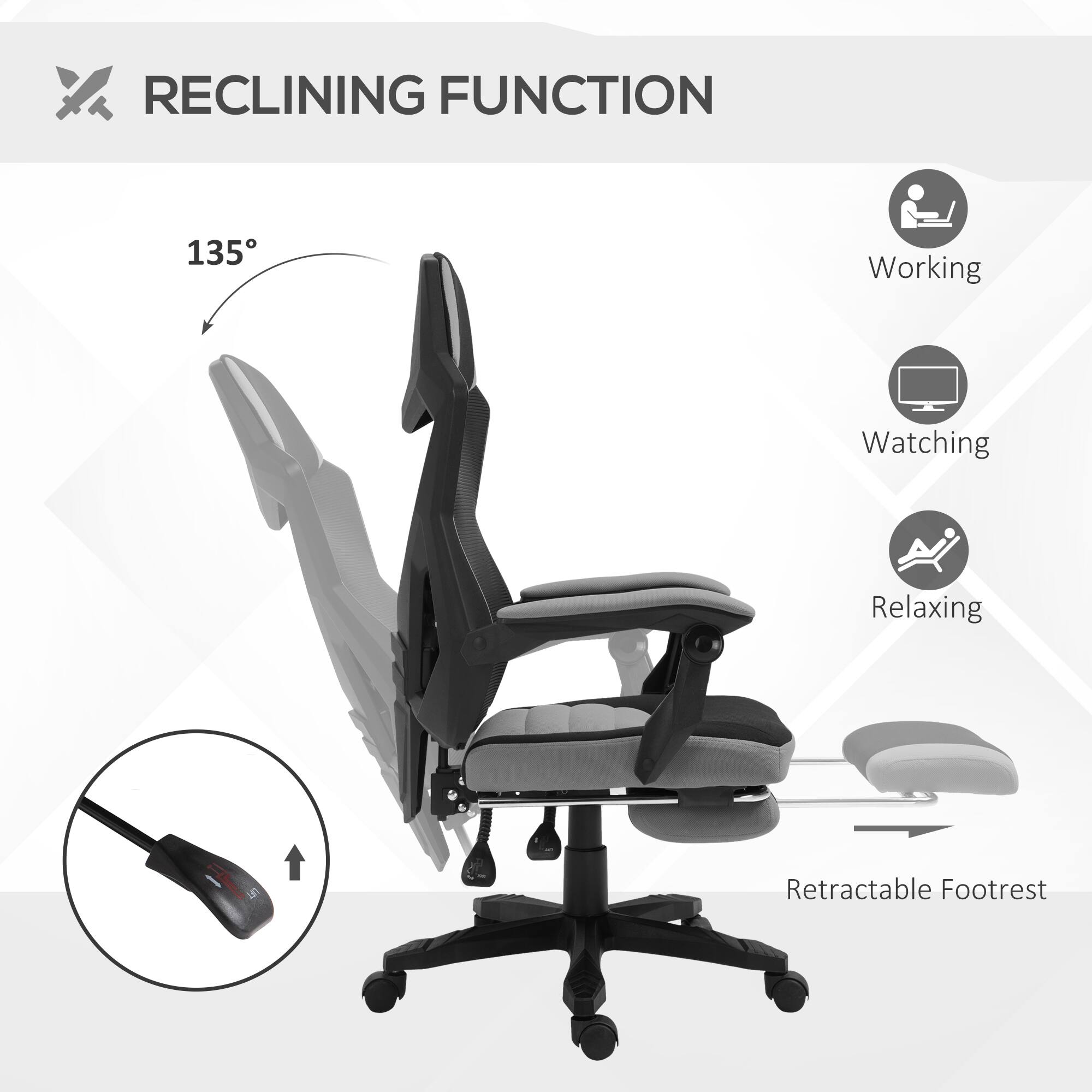 X RECLINING FUNCTION 135° Working Watching Relaxing Retractable Footrest