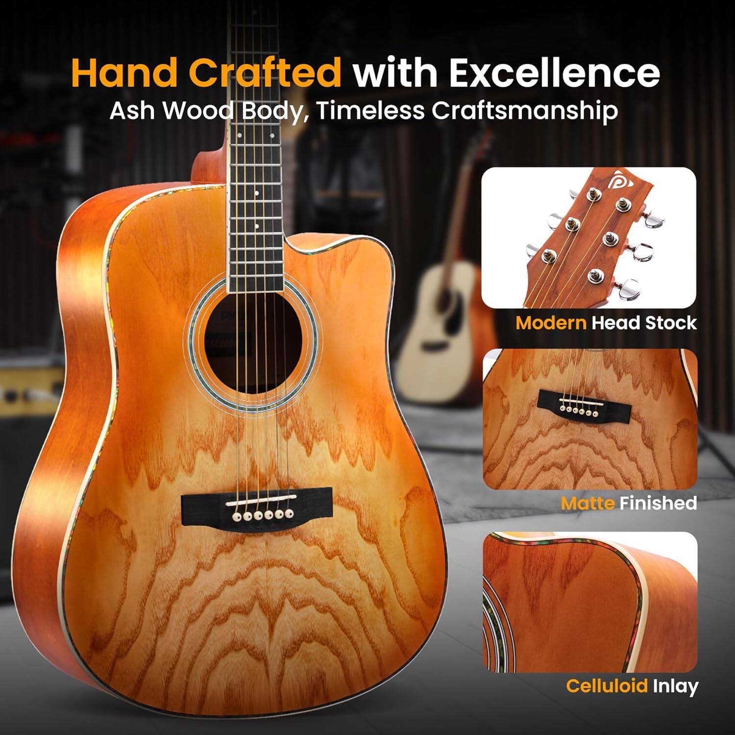 Hand Crafted with Excellence, Ash Wood Body, Timeless Craftsmanship, Modern Head Stock, Matte Finished, Celluloid Inlay