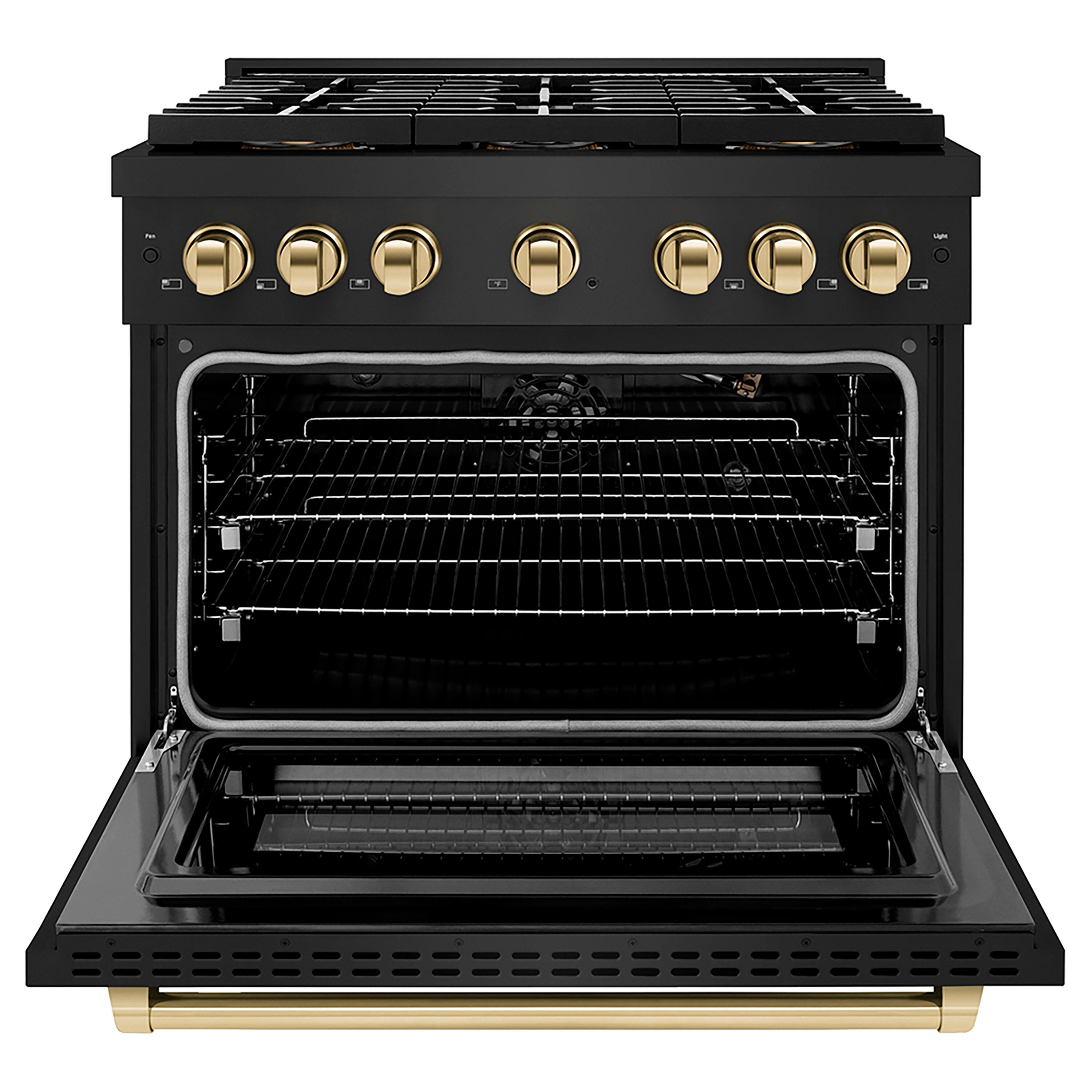 Angle. ZLINE - ZLINE Autograph 36 in. Black Stainless Paramount Gas Range with 6 DuoPro Burners w/ Gold Accents (PSGRBZ-36-G) - Black Stainless Steel.