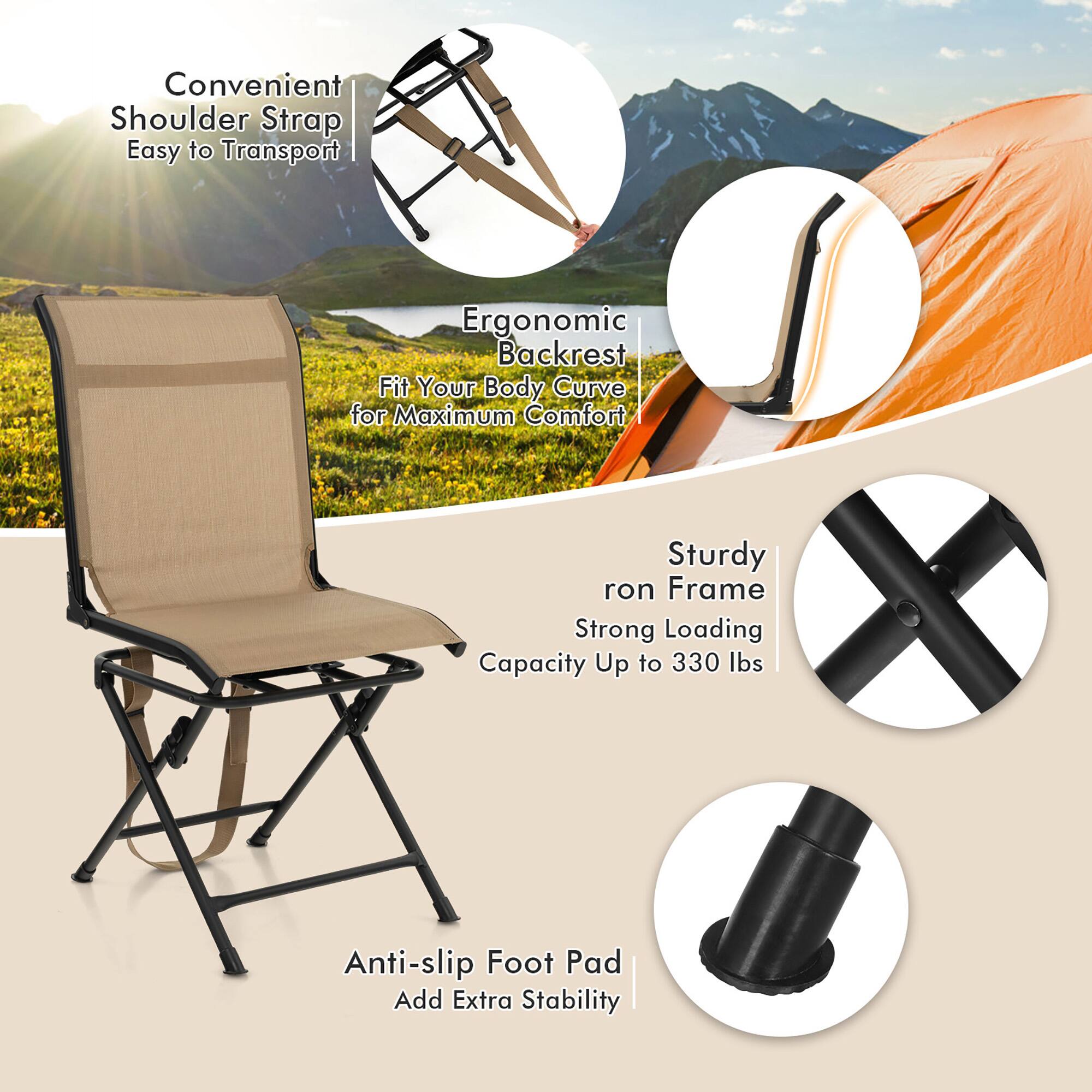 Convenient Shoulder Strap  
Easy to Transport  

Ergonomic Backrest  
Fit Your Body Curve for Maximum Comfort  

Sturdy Iron Frame  
Strong Loading Capacity Up to 330 lbs  

Anti-slip Foot Pad  
Add Extra Stability