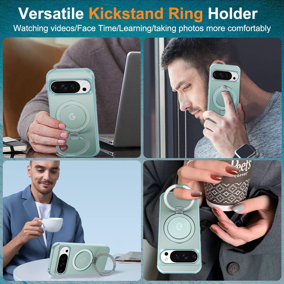 Versatile Kickstand Ring Holder  
Watching videos/Face Time/Learning/taking photos more comfortably