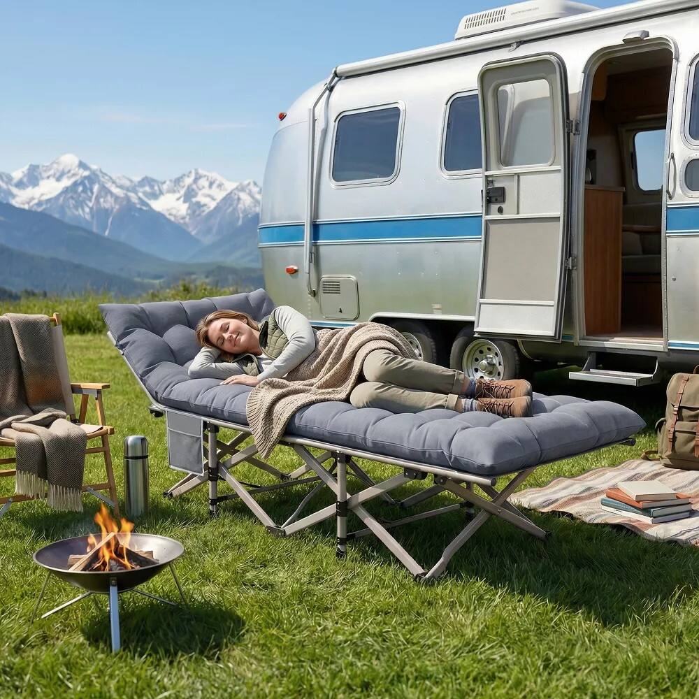 Left. Sugift - Folding Camping Cot with Cushion, 550 lb Heavy Duty Portable Sleeping Cot with Metal Frame and 15-Degree Incline - Gray.