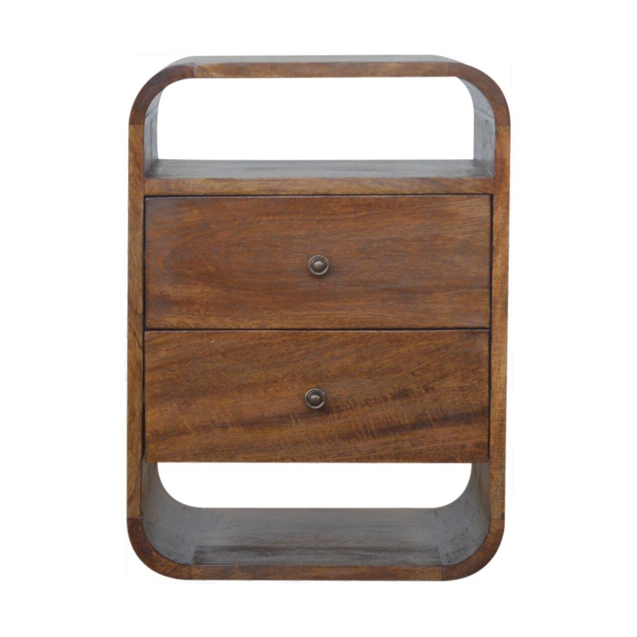 Artisan Furniture - Solid Wood Curve Nightstand, 2 Drawer, 2 Open Slots, Dark Brown - Chestnut