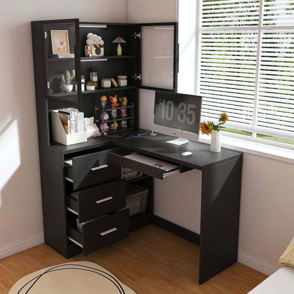 Alt View 10. Kadyn - L-Shaped Office Desk with Charging Station and LED Lighting - Black - Black.