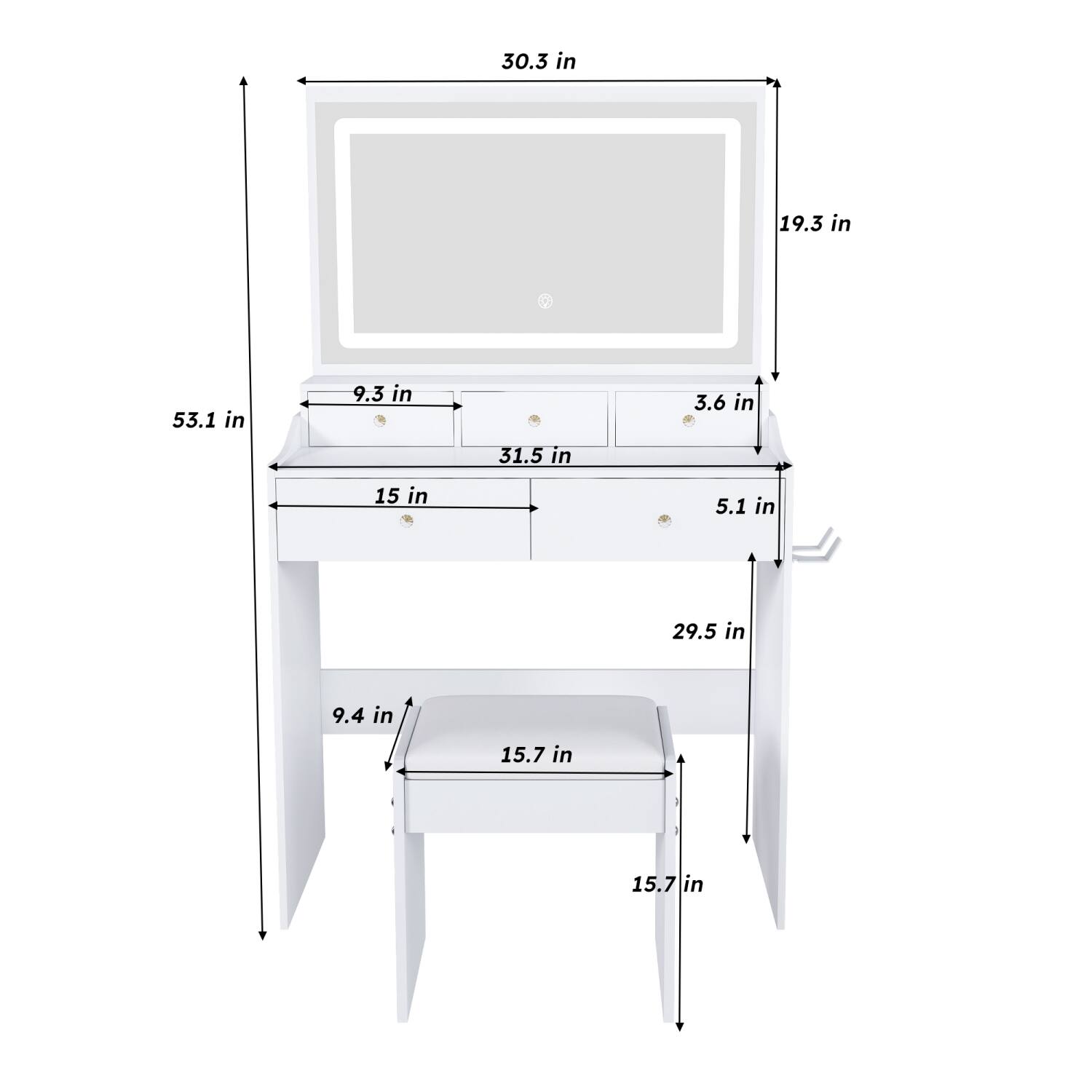 30.3 in  
19.3 in  
53.1 in  
9.3 in  
31.5 in  
3.6 in  
15 in  
5.1 in  
29.5 in  
9.4 in  
15.7 in  
15.7 in