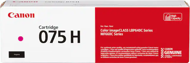Cannon
Cartridge 075 H
Magenta
For: Pour: Para:
Color imageCLASS LBP640C Series
MF660C Series
For optimum print quality, we recommend using genuine Canon toner cartridges. / Pour une qualité d'impression optimale, nous recommandons d'utiliser des cartouches toner Canon authentiques. / Para una calidad de impresión óptima, le recomendamos utilizar cartuchos de toner Canon genuinos. / Para uma melhor qualidade de impressão, recomendamos que se utilizem cartuchos de toner Canon genuinos.
CANON
GENUINE
TONER, CARTRIDGE & PARTS
High Capacity
