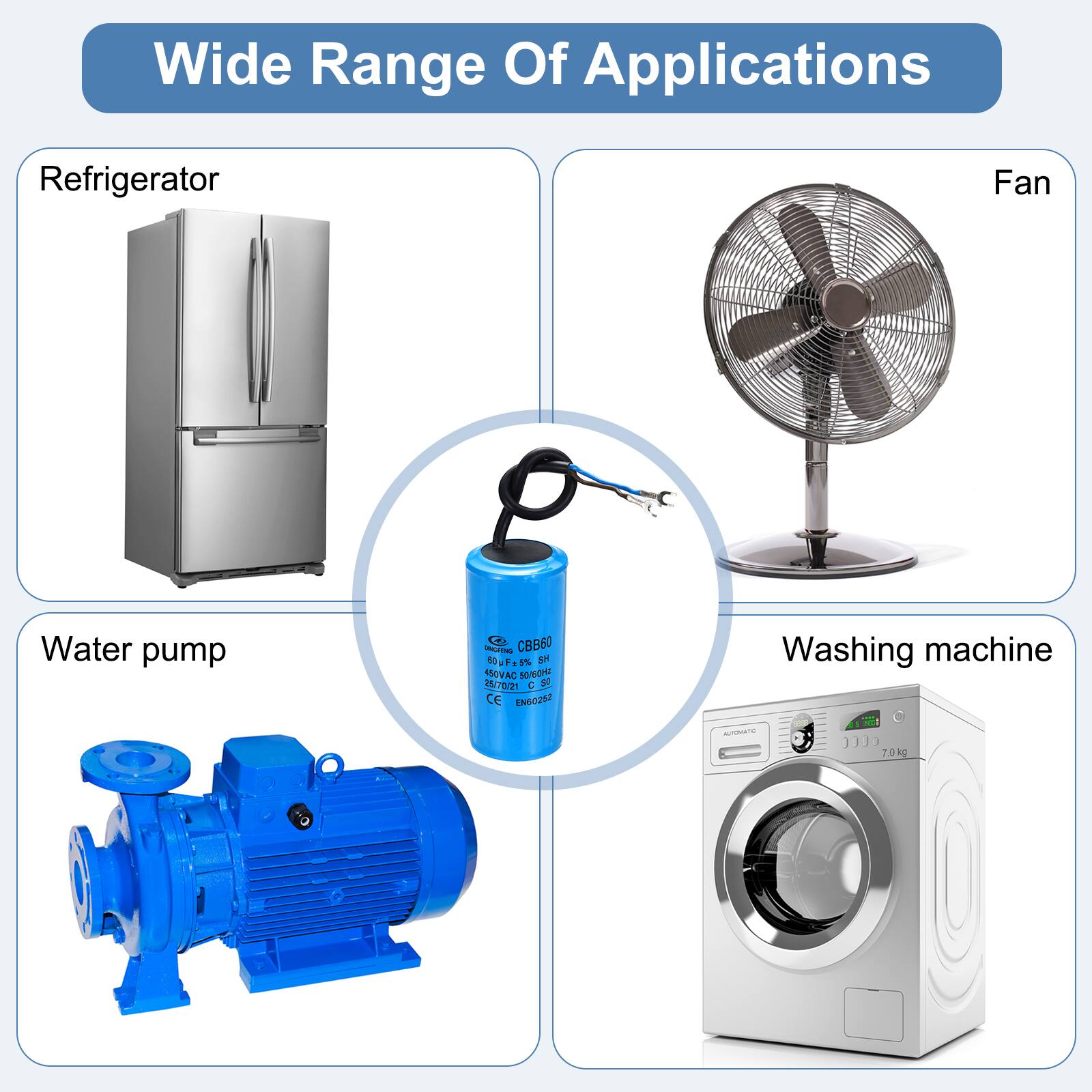 Wide Range Of Applications

- Refrigerator
- Fan
- Water pump
- Washing machine (7.0kg)