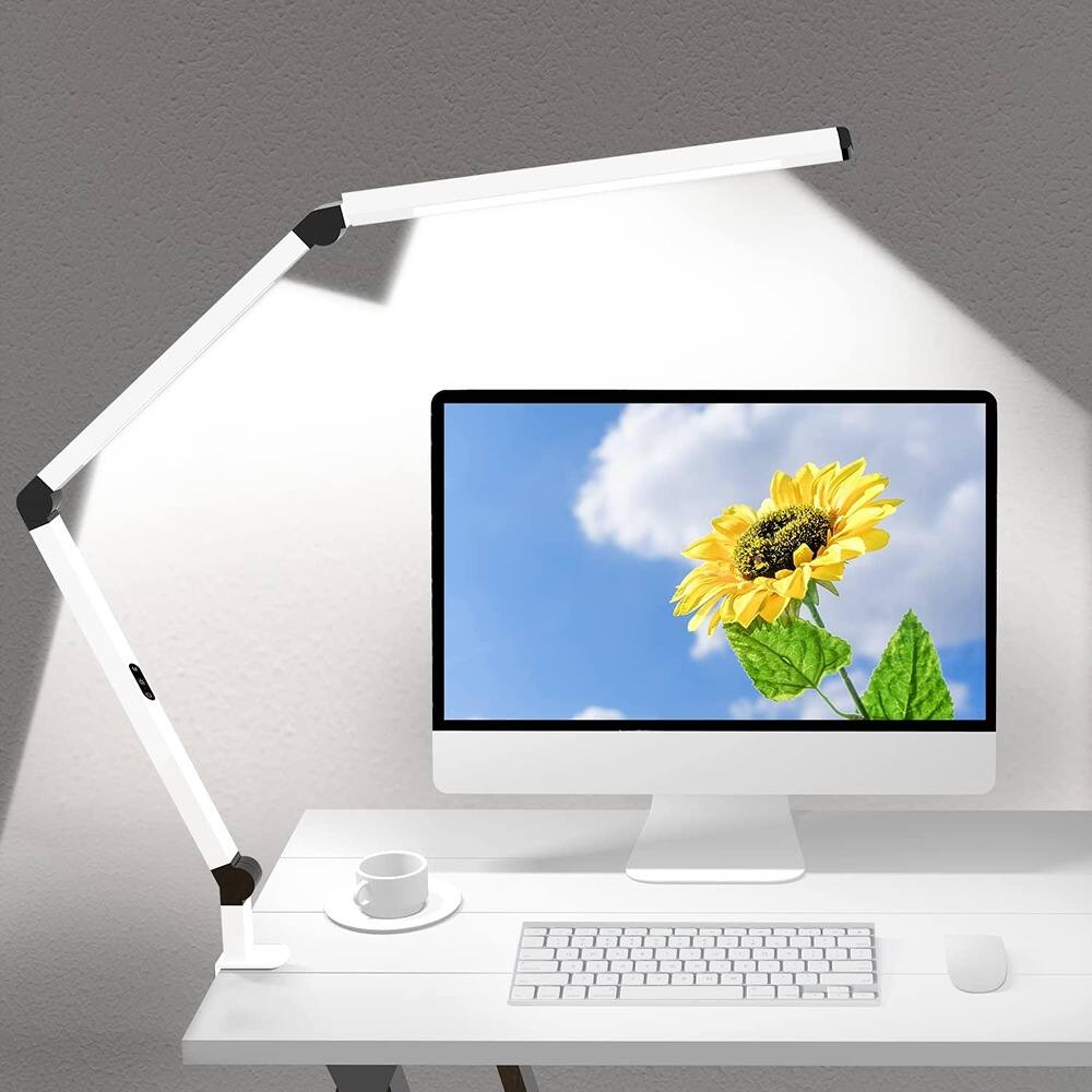 PARKER SLATER - LED desk lamp with clamp, dual swing arm, 4 color modes, 5 brightness levels, eye-care light for office and crafting.