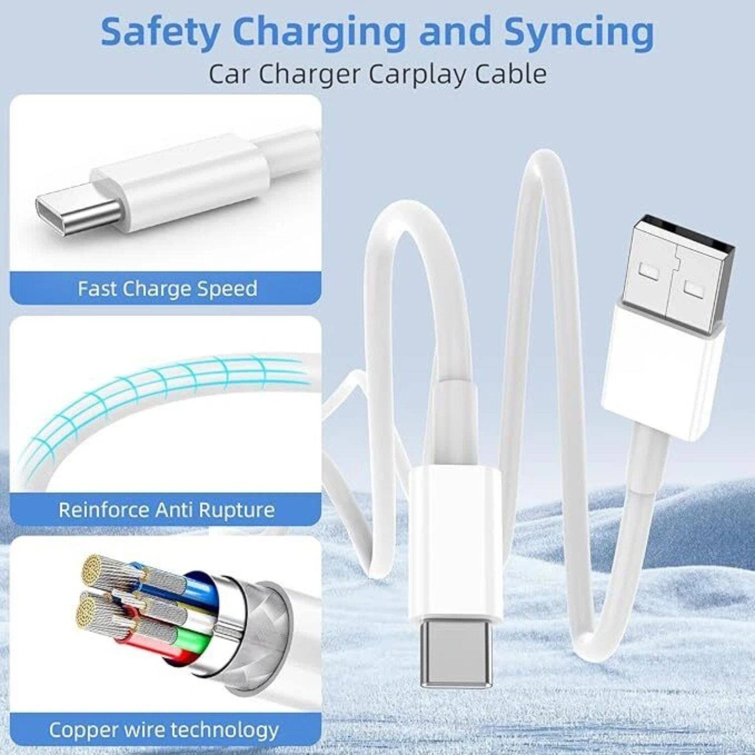 Safety Charging and Syncing  
Car Charger Carplay Cable  

- Fast Charge Speed  
- Reinforce Anti Rupture  
- Copper wire technology