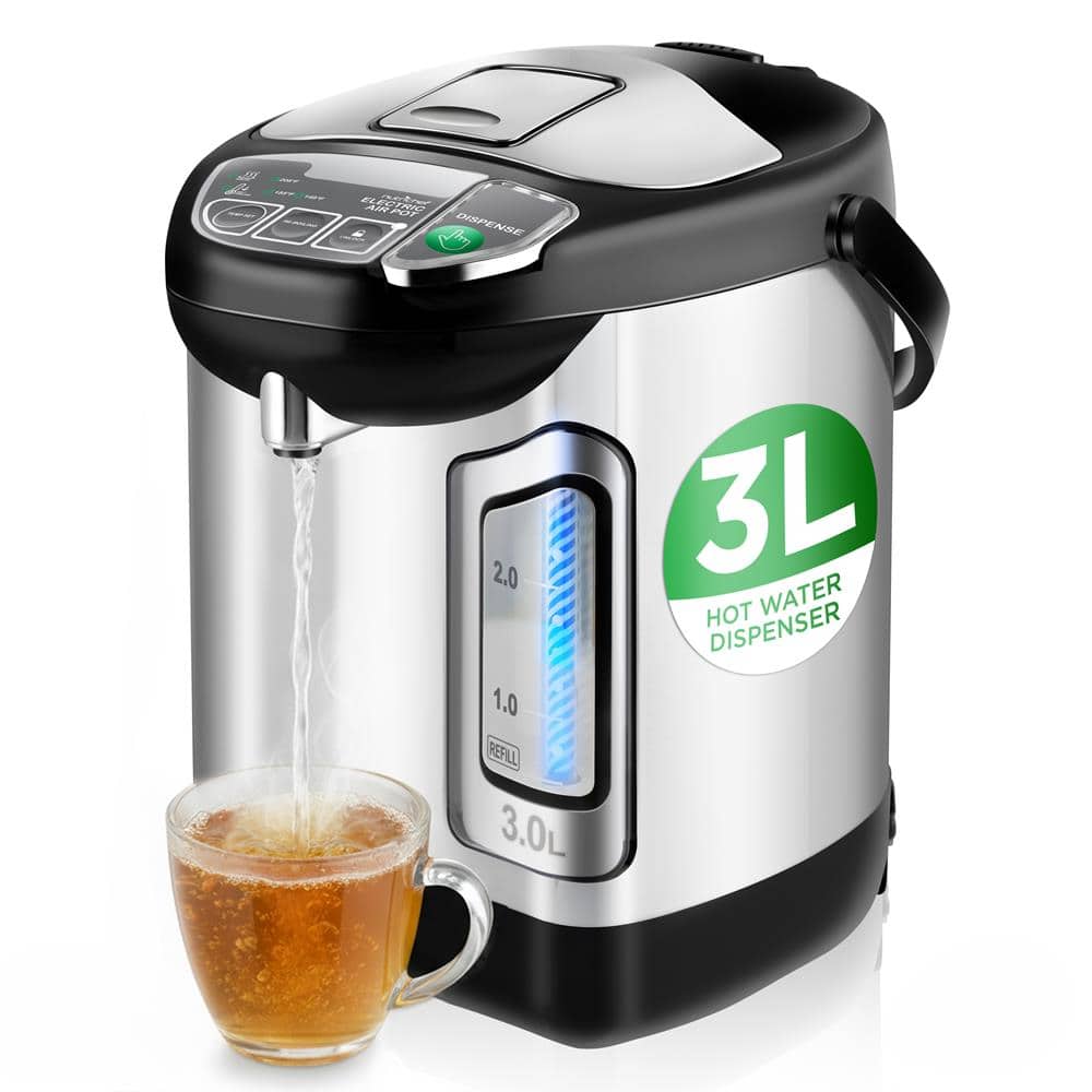 NutriChef - Electric Water Boiler and Warmer - 3L/3.17 Qt Stainless Steel Electric Hot Water Dispenser w/Rotating Base - Silver
