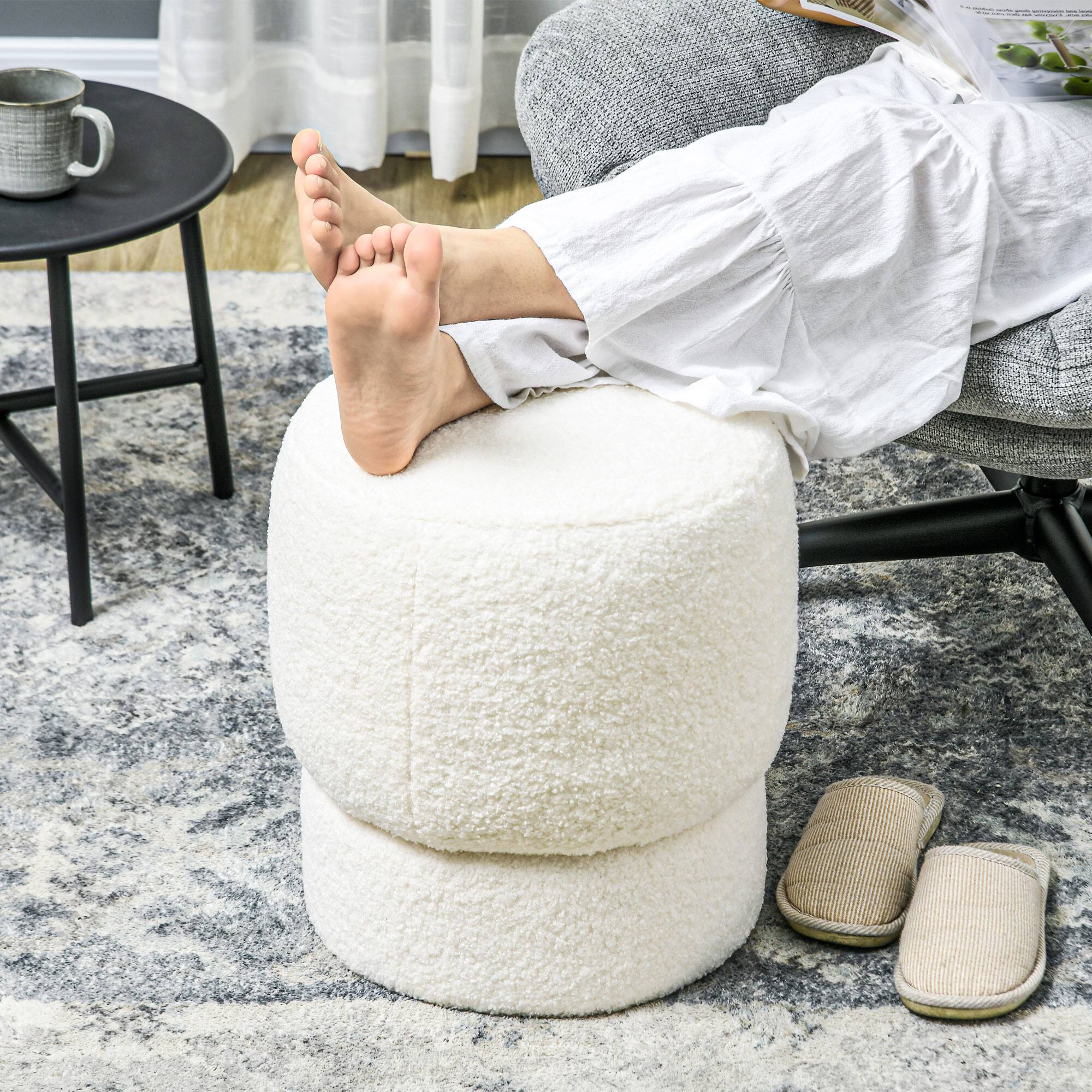 Alt View 5. Homcom - Modern Round Teddy Fleece Ottoman Foot Stool w/ Padded Seat - White.