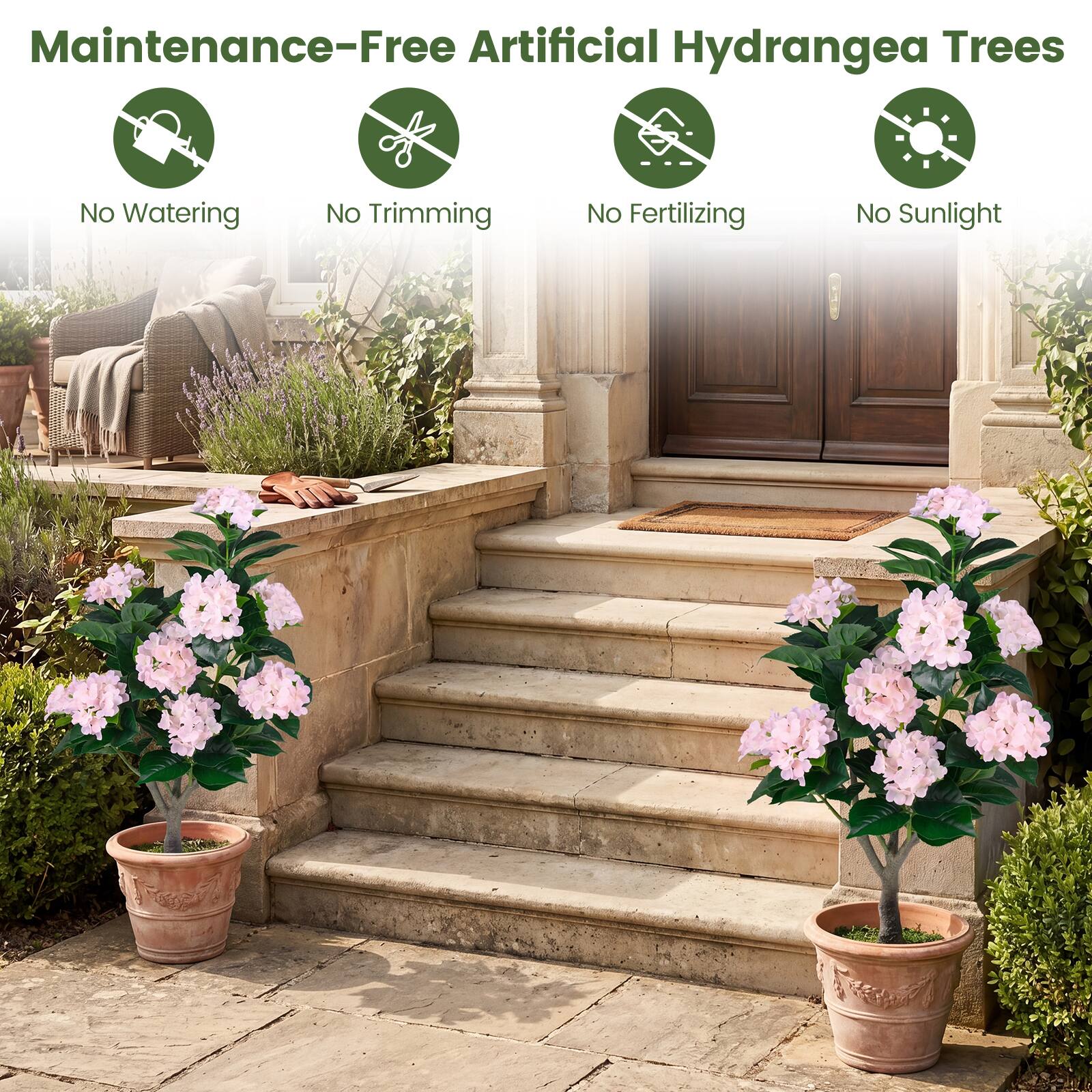 Maintenance-Free Artificial Hydrangea Trees  
No Watering  
No Trimming  
No Fertilizing  
No Sunlight
