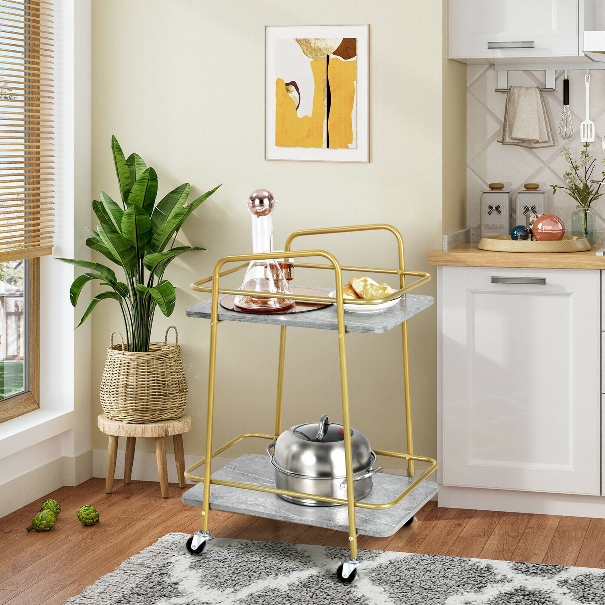 Alt View 4. Gymax - Gymax Gold Serving Cart Utility Trolley on Wheel Rolling Kitchen Rack w/Handle - Grey, Golden.