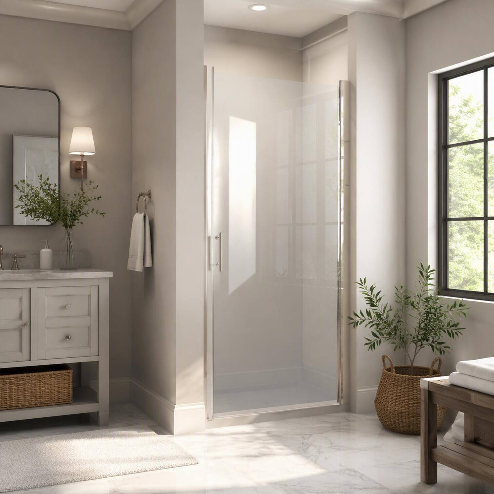 Angle. RYHNUYNE - 28" X 72" Pivot Shower Door With 1/4" Tempered Glass, Brushed Nickel Frame And Steel Handle - Brushed Nickel.
