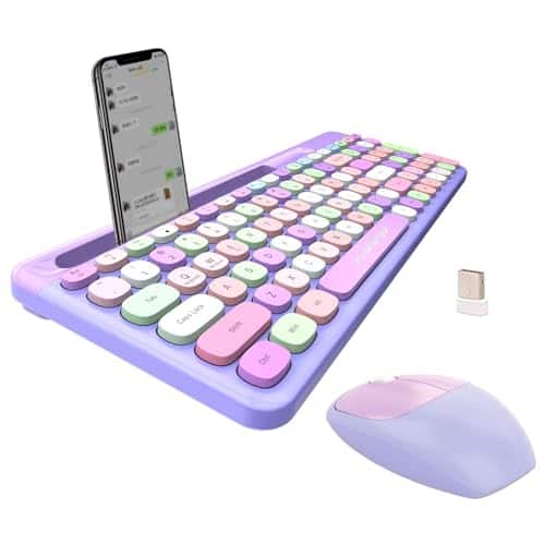 Stamp n Camp - Wireless And Mouse Cute Keyboards With Colorful 68 Keys Typewriter Retro Round Keycap For Pc Laptop Tablet Computer - 888 Purple Colorful