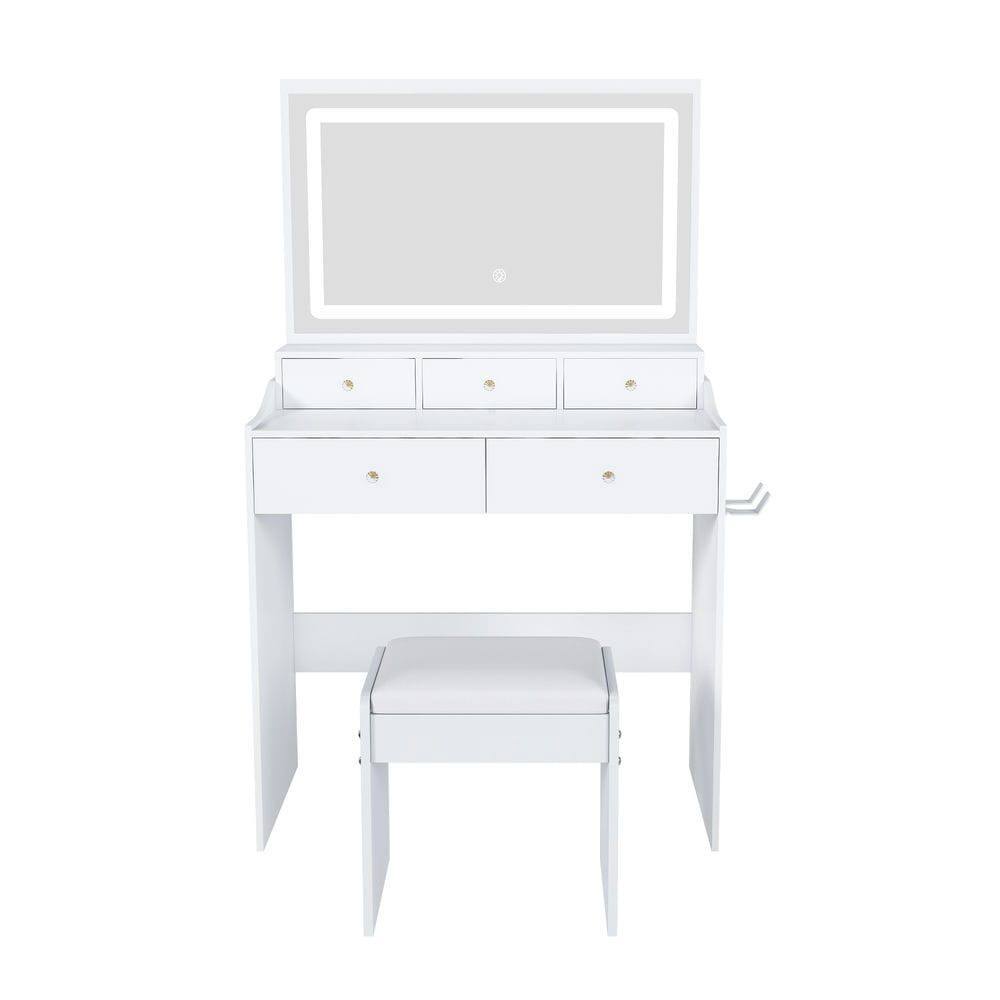 Alt View 1. Kadyn - Large Mirror Vanity Desk, Modern Makeup Vanity Set, 5 Drawers, 3 Lighting Color Adjustable Dressing Table, White - White.
