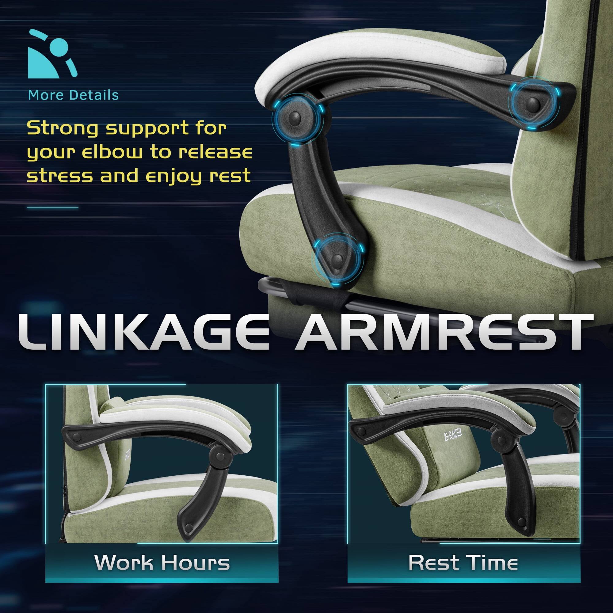 More Details

Strong support for your elbow to release stress and enjoy rest

LINKAGE ARMREST

Work Hours

Rest Time
