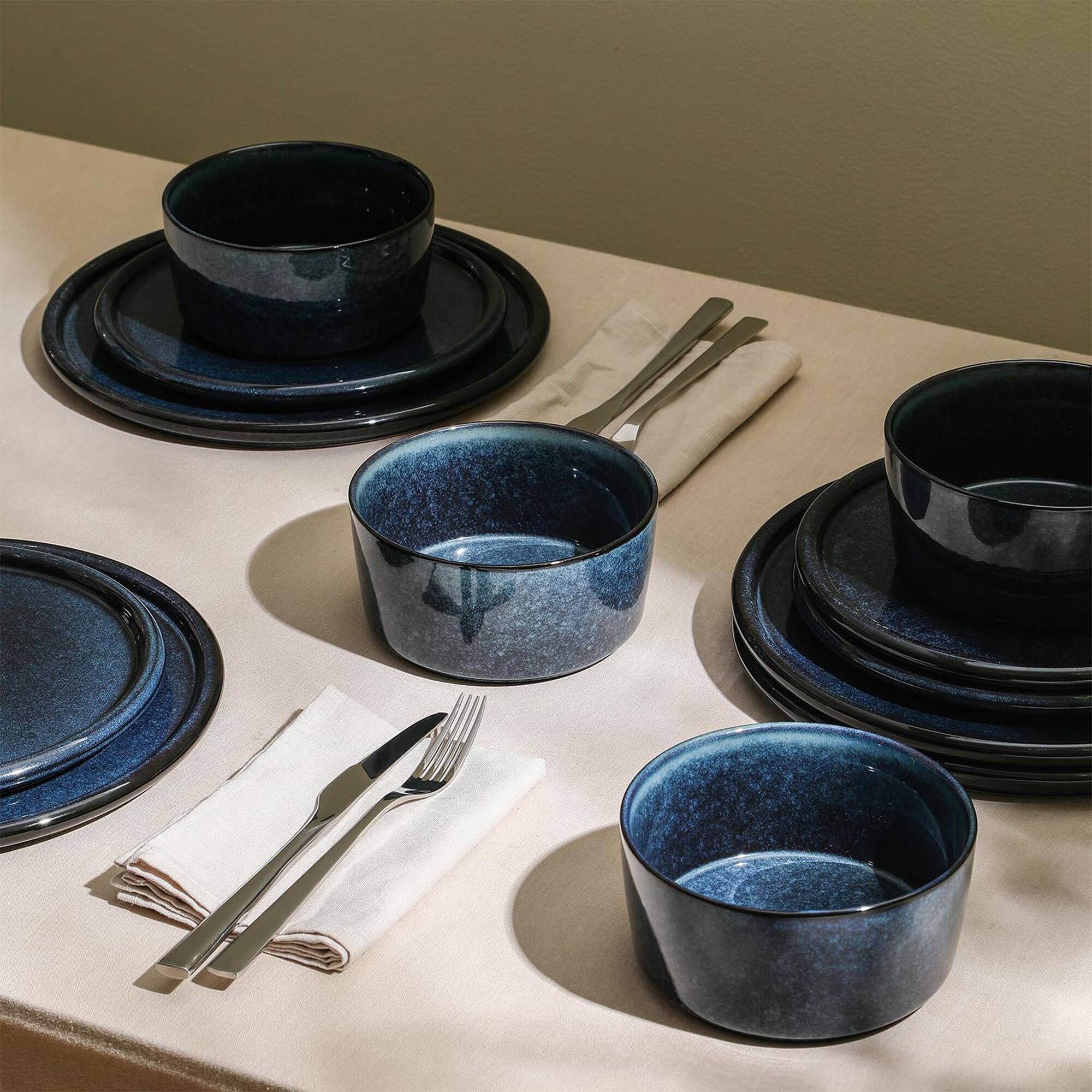 Alt View 4. Stone Lain - Stone Lain 12 Piece Modern Stoneware Dinnerware Set Plates, Bowls, Dark Blue - Dark Blue.