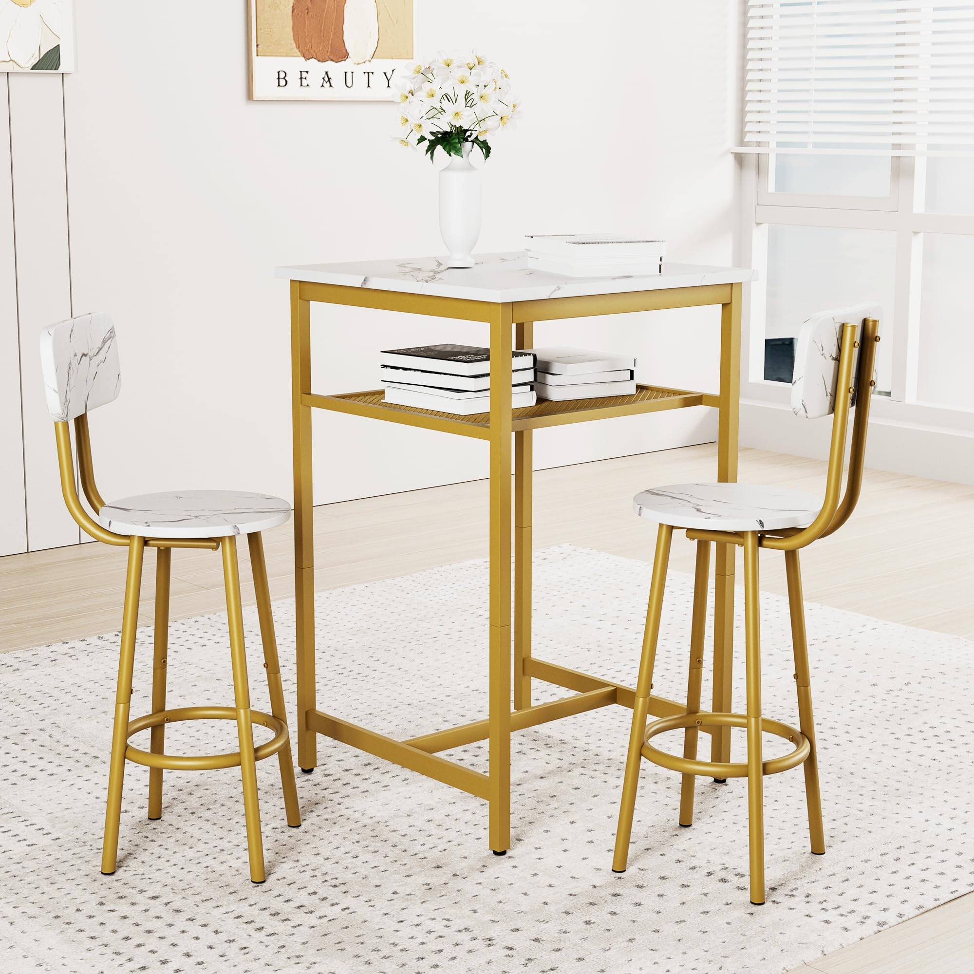 Alt View 1. Ecooso - Bar table, equipped with 2 bar stools , with backrest and partition - White+Gold.