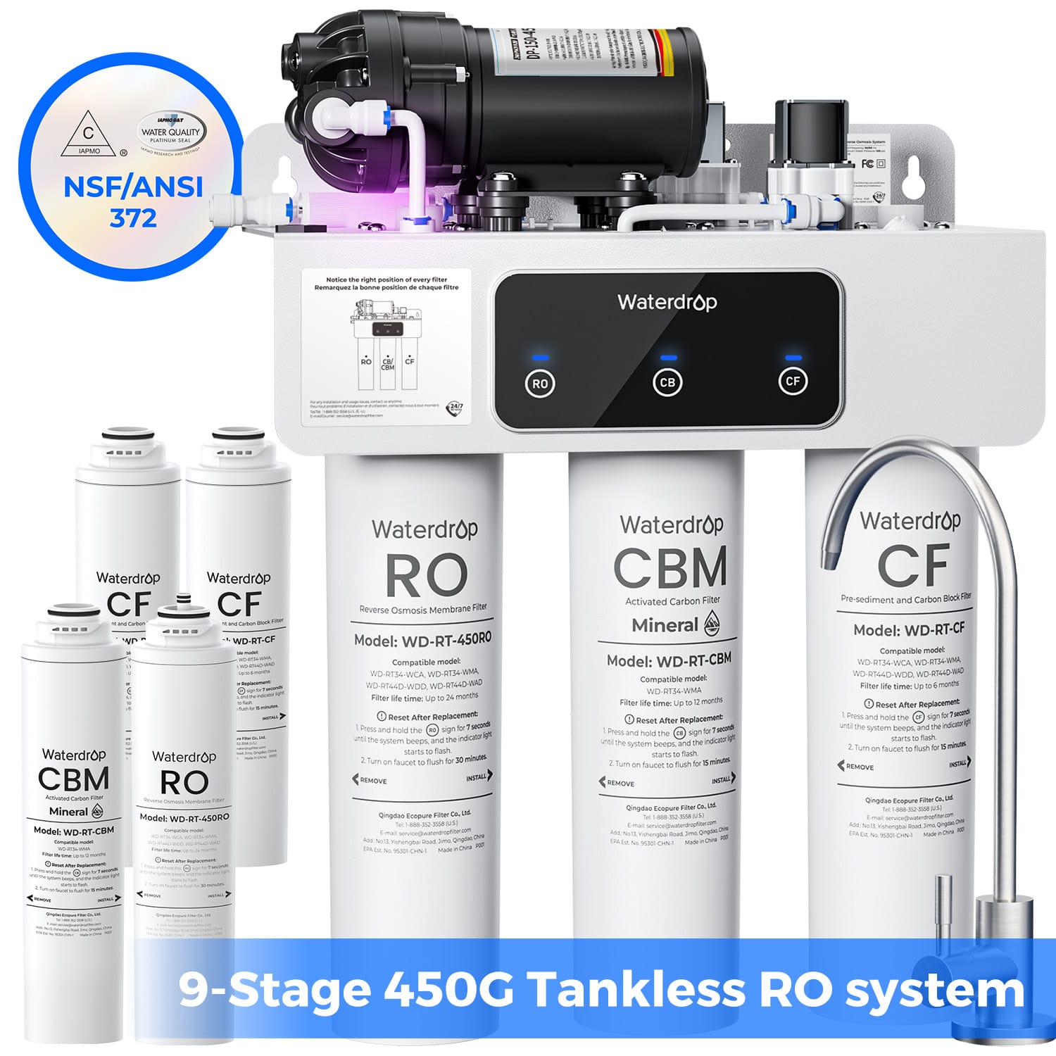 Waterdrop - WD-T3 5-stage KDF Reverse Osmosis Filtration Under Sink Extra CF-2+RO+CBM Filters - White