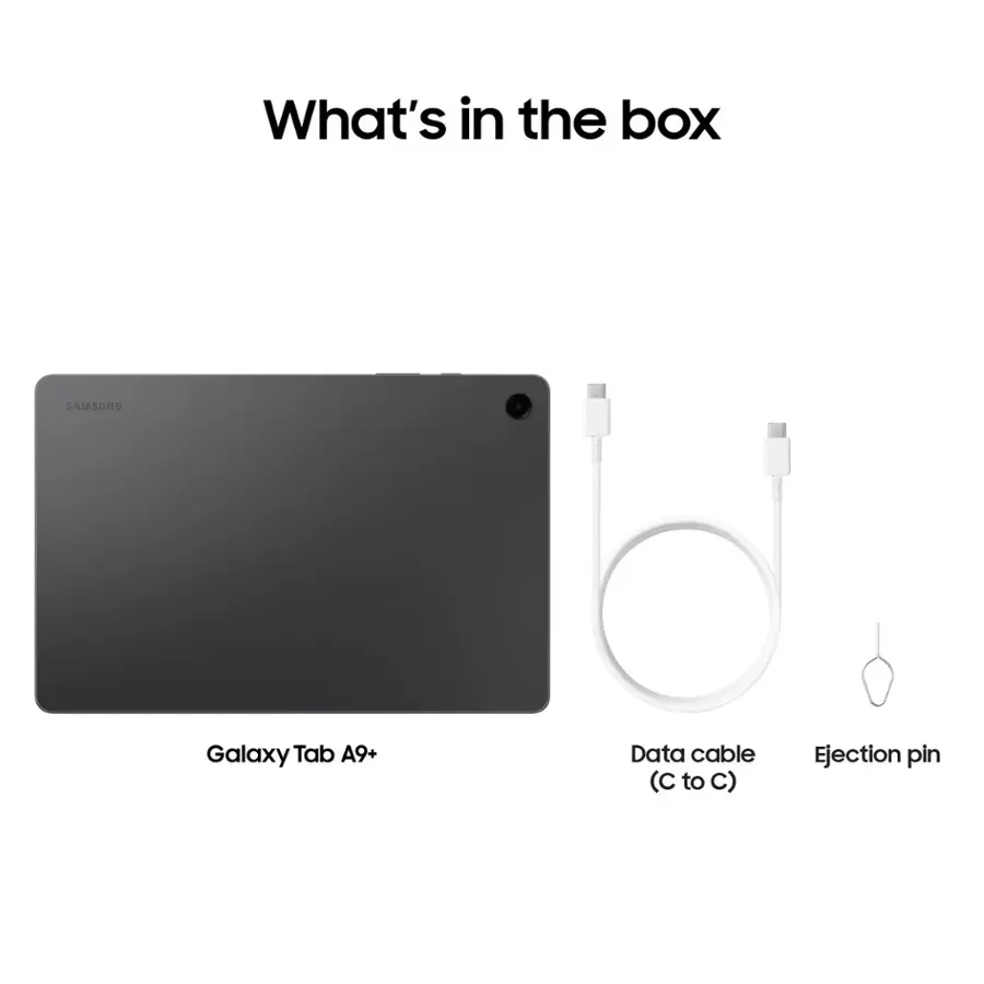 What's in the box: Samsung Galaxy Tab A9+, Data cable (C to C), Ejection pin.