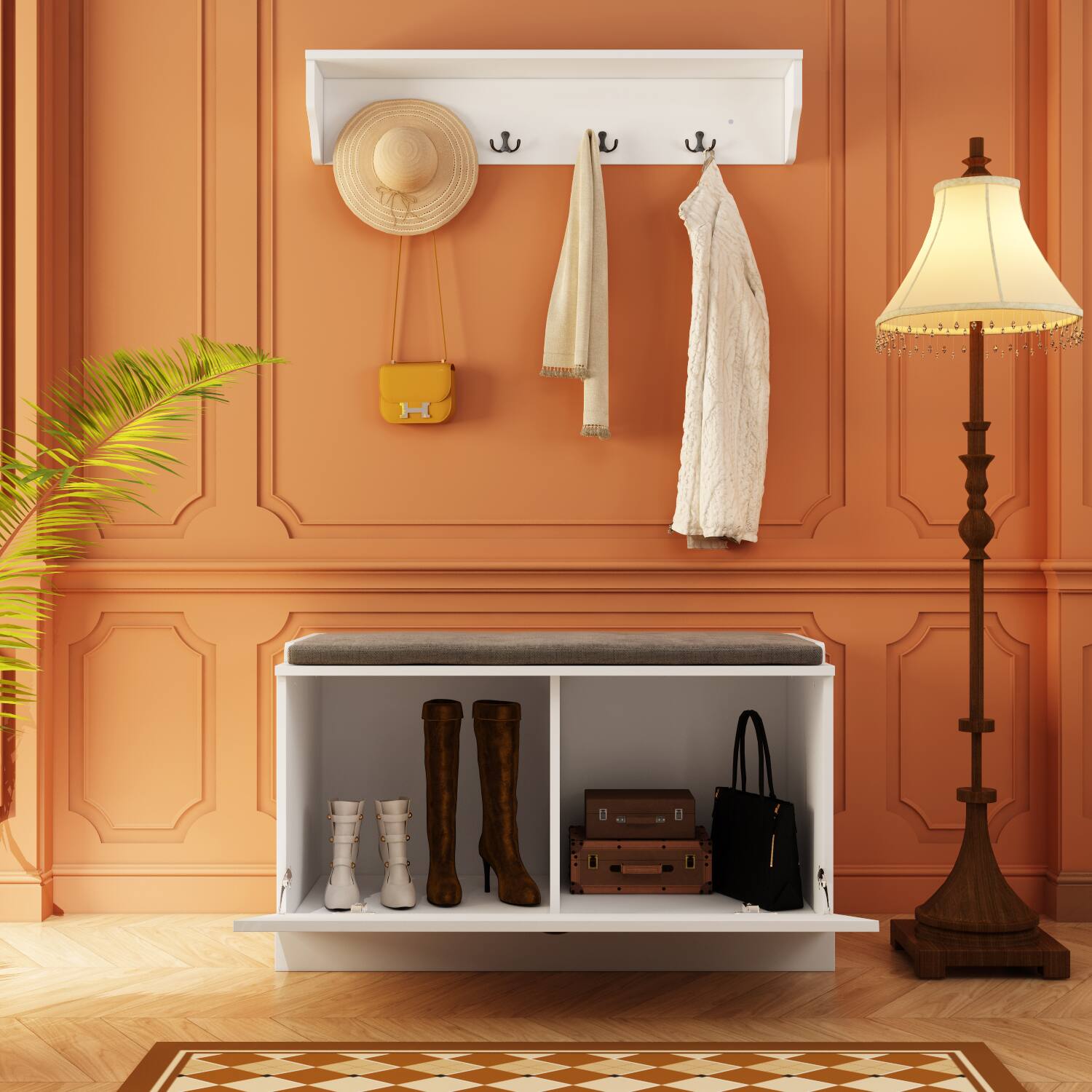 Angle. FUFU&GAGA - Entryway Storage Bench with Cushion and Wall Hooks Organizer with Shelf for Shoes Coats and Daily Essentials - White.