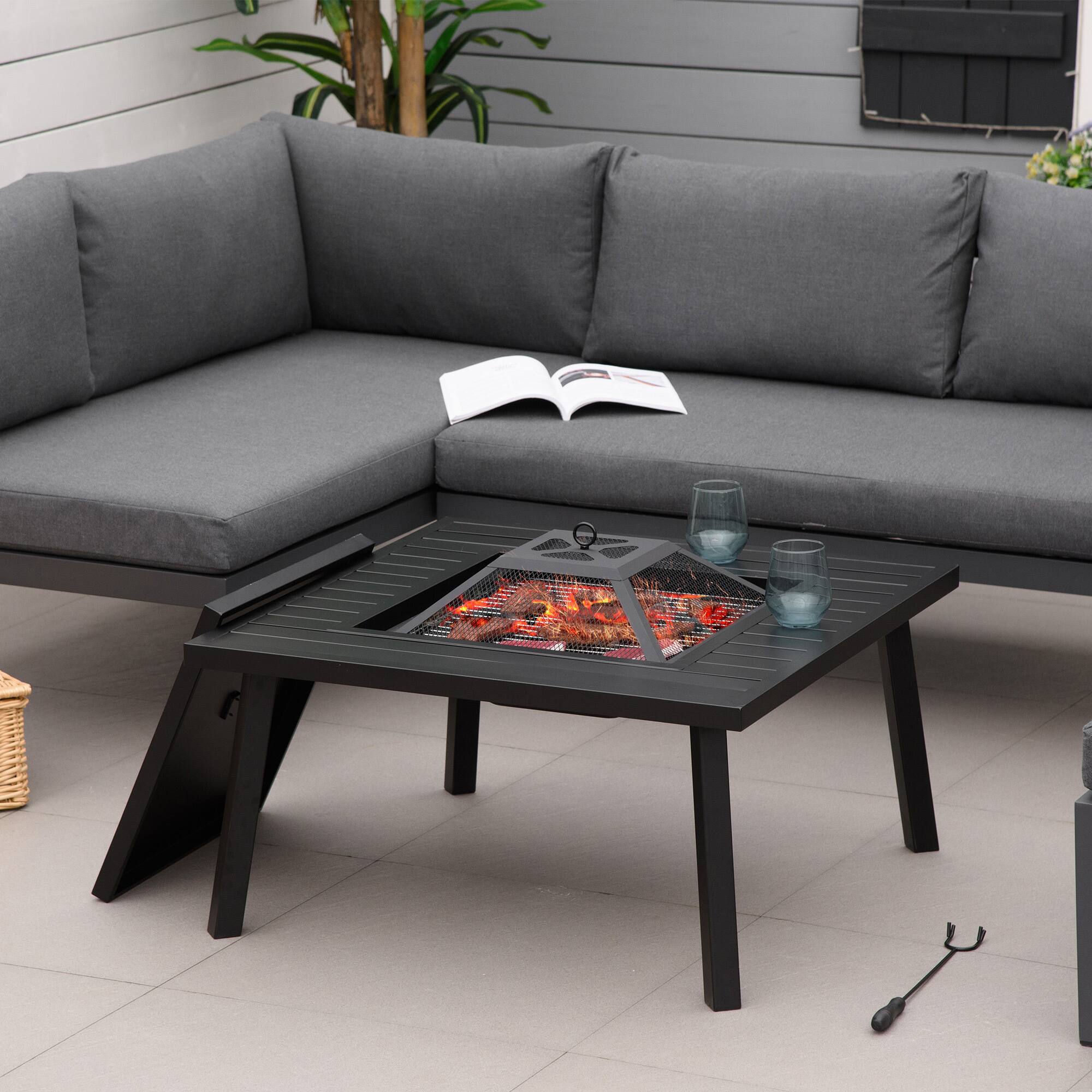Alt View 1. Outsunny - Fire Pit with Grill, Metal Outdoor Wood Burning Firepit with Spark Screen, Fire Poker, Cover - Black.