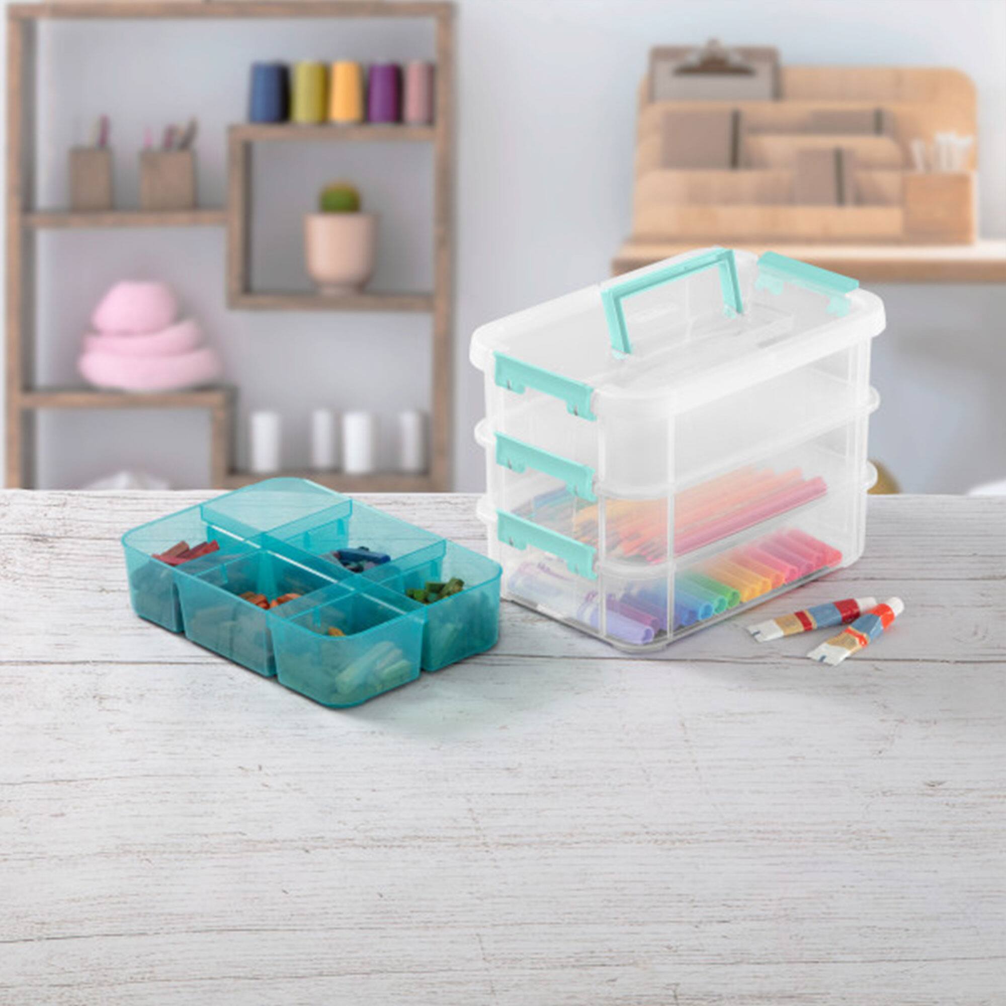 Alt View 3. Sterilite - Sterilite Convenient Home 3-Tiered Stacking Carry Storage Box, Clear (24 Pack) - Clear.