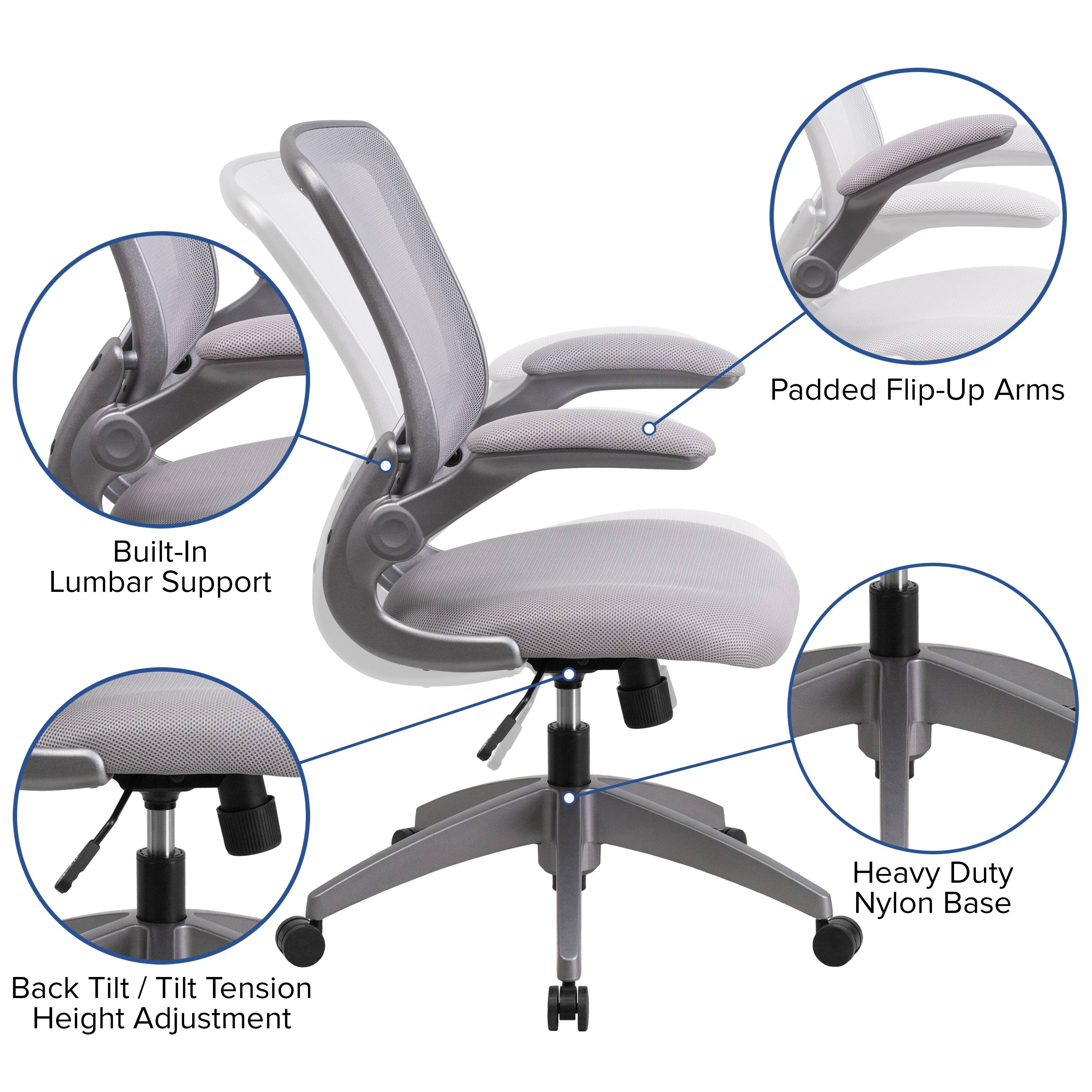 Padded Flip-Up Arms  
Built-In Lumbar Support  
Heavy Duty Nylon Base  
Back Tilt / Tilt Tension Height Adjustment