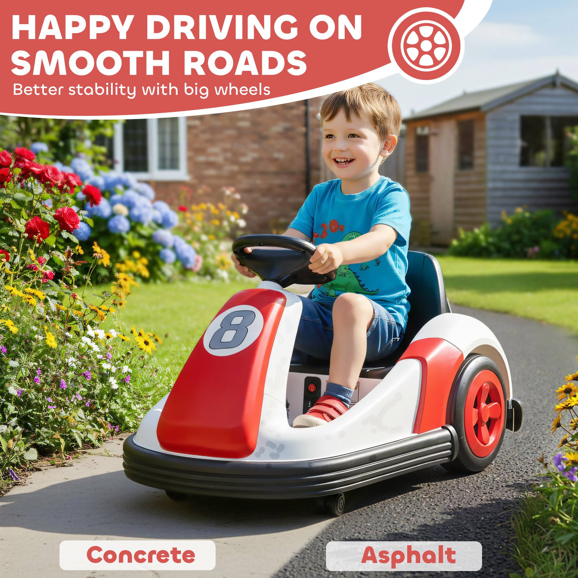 HAPPY DRIVING ON SMOOTH ROADS  
Better stability with big wheels  

Concrete  
Asphalt
